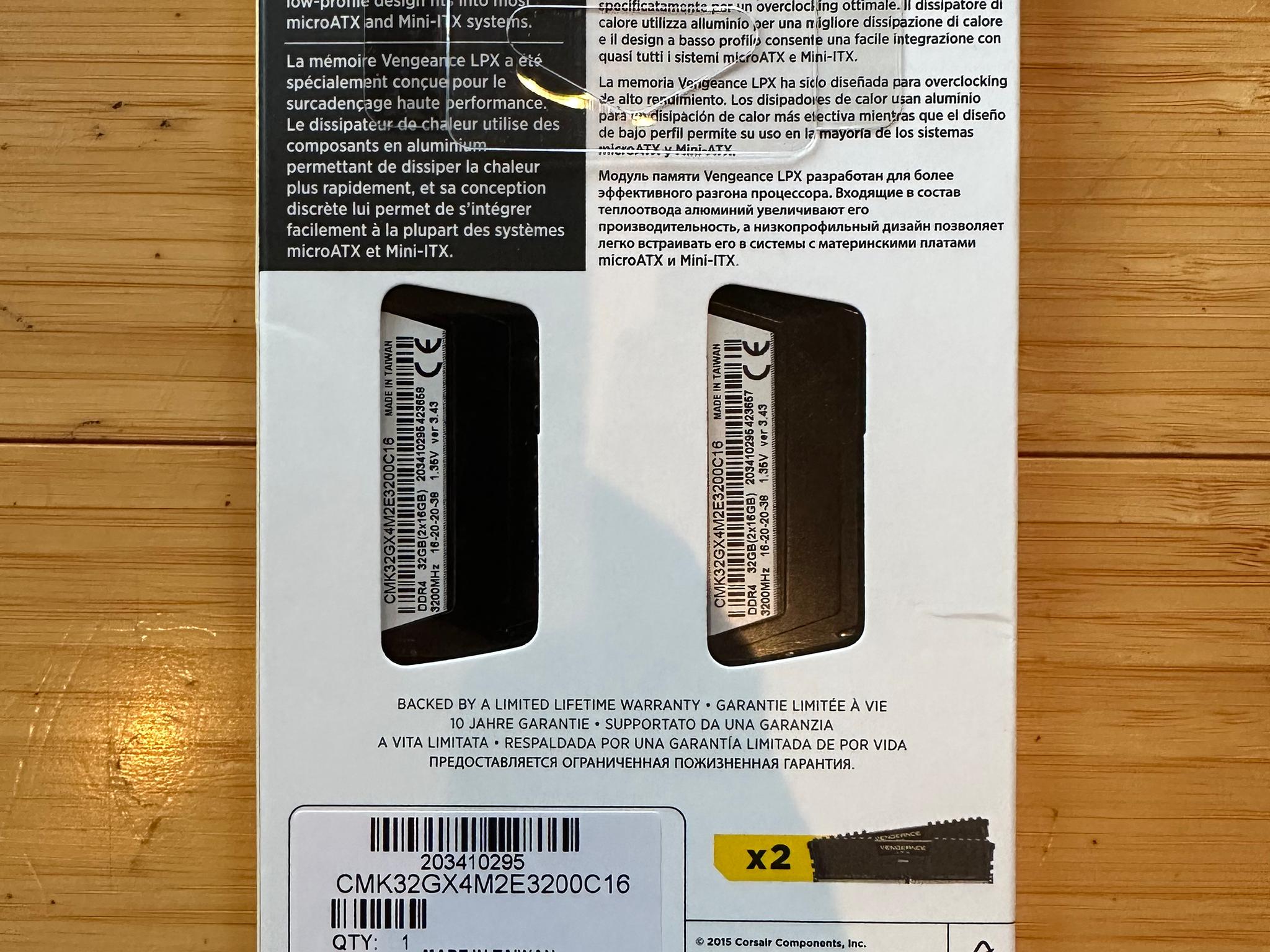 Corsair Vengeance LPX 32GB (2x16GB) 3200MHz Memory (Lightly Used, In Box, SKU CMK32GX4M2E3200C16)