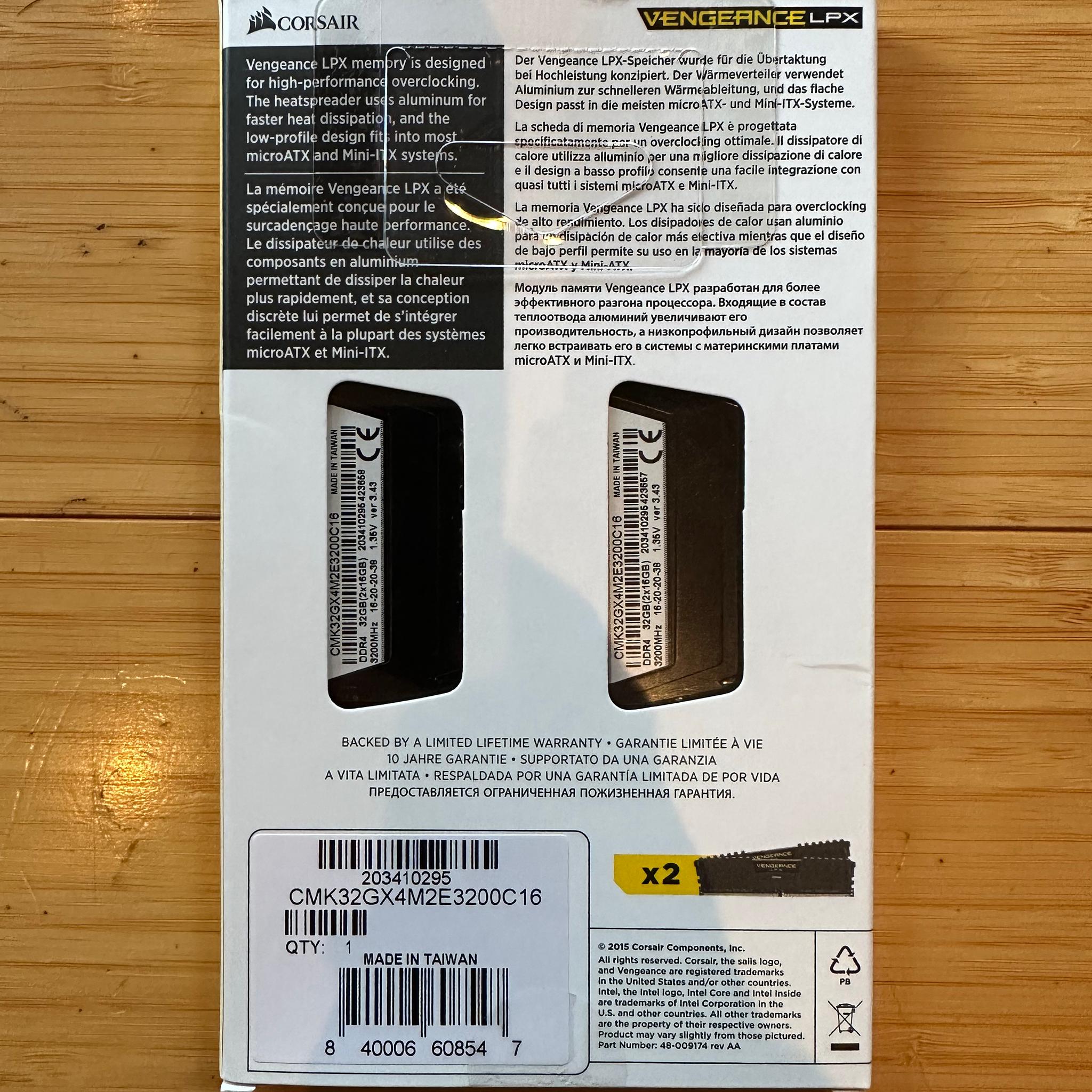 Corsair Vengeance LPX 32GB (2x16GB) 3200MHz Memory (Lightly Used, In Box, SKU CMK32GX4M2E3200C16)