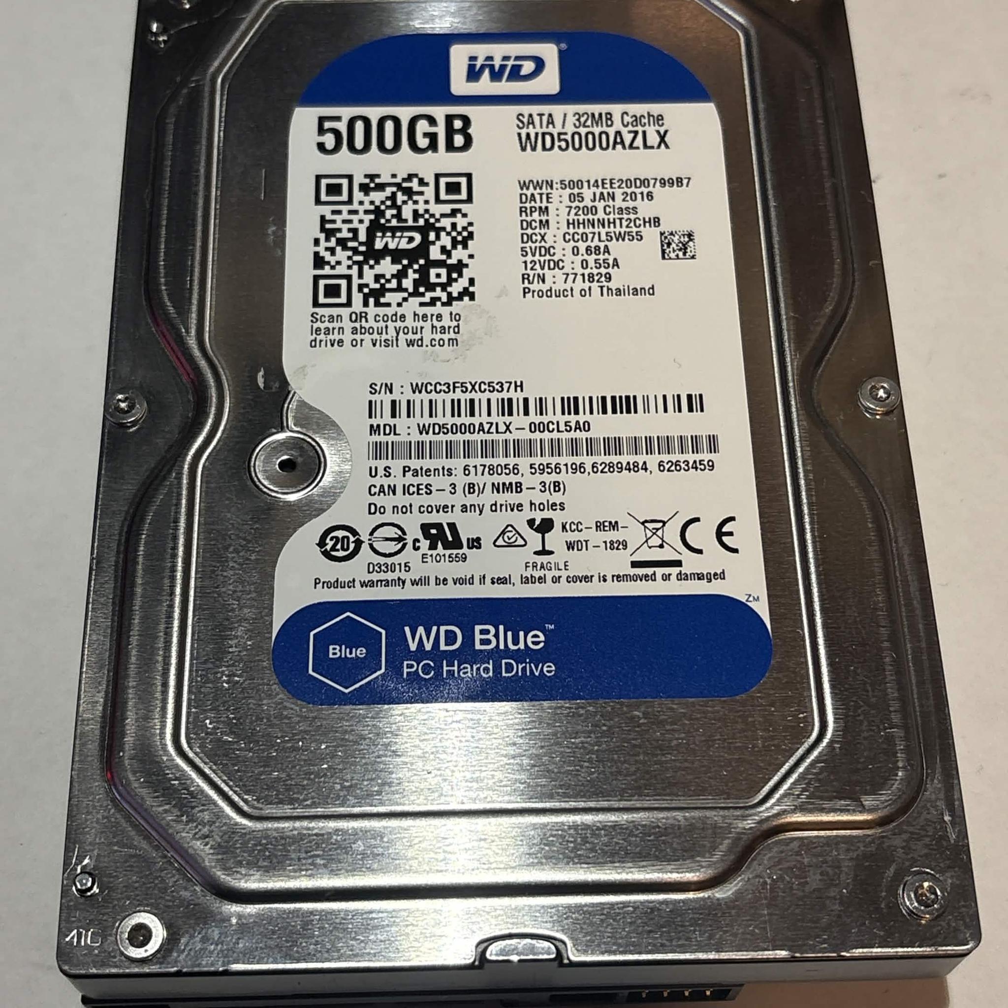 WD Blue 500GB 7200RPM SATA Hard Drive | Tested & Functional