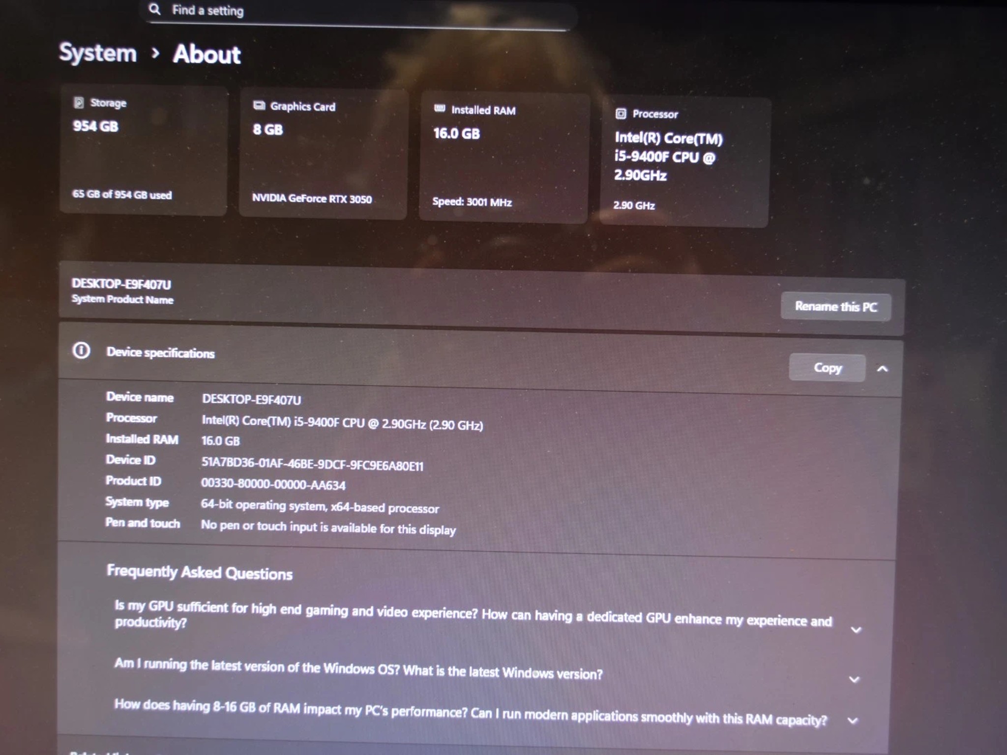 Gaming PC Intel I 5 9400 9th gen CPU RTX 3050 8GB 16 GB RAM RGB 1 TB NVME Wi-fi