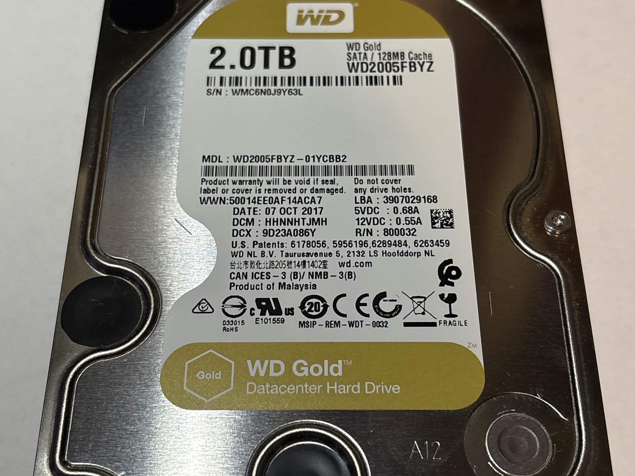 WD Gold 2TB Datacenter HDD – 7200RPM SATA – WD2005FBYZ – Good SMART