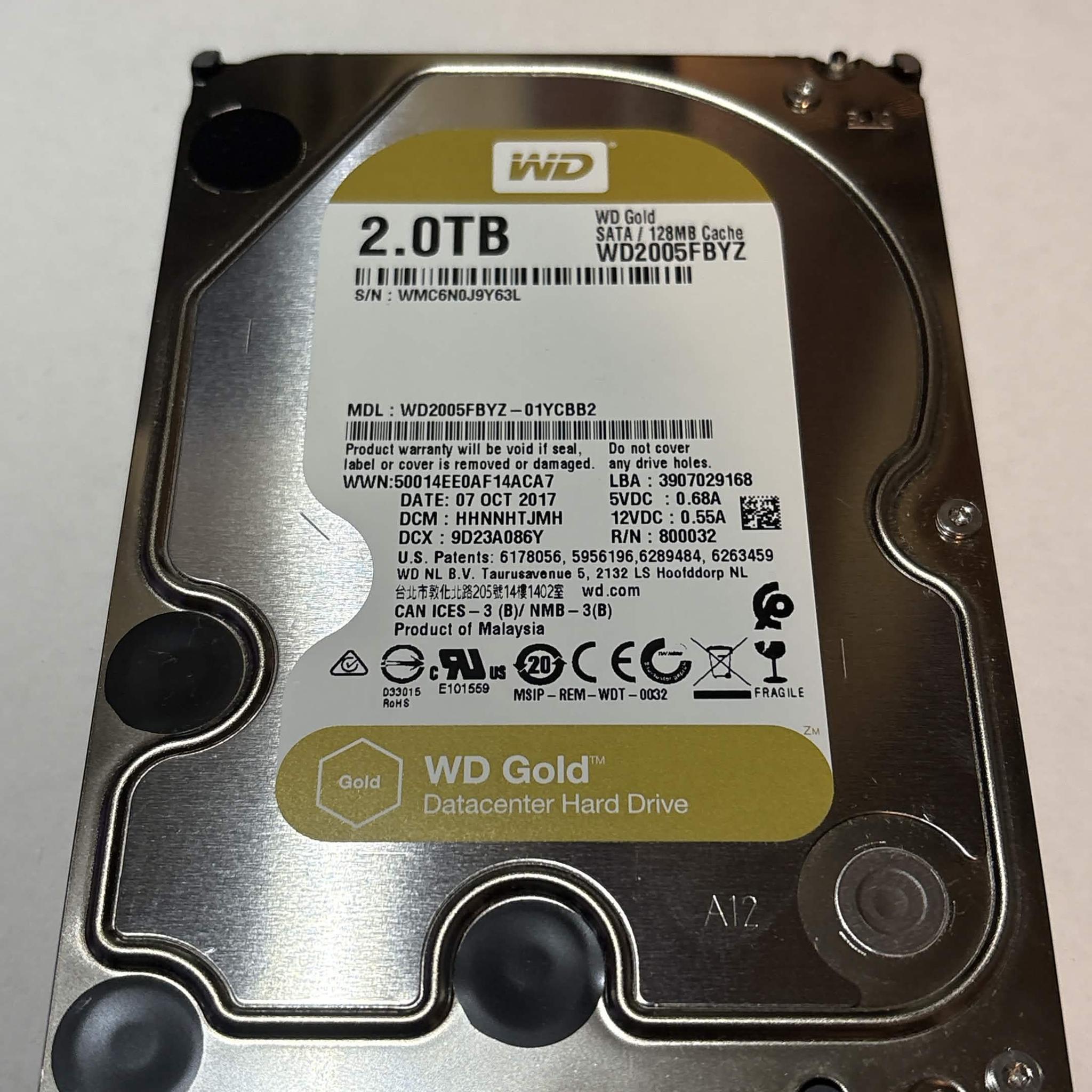 WD Gold 2TB Datacenter HDD – 7200RPM SATA – WD2005FBYZ – Good SMART