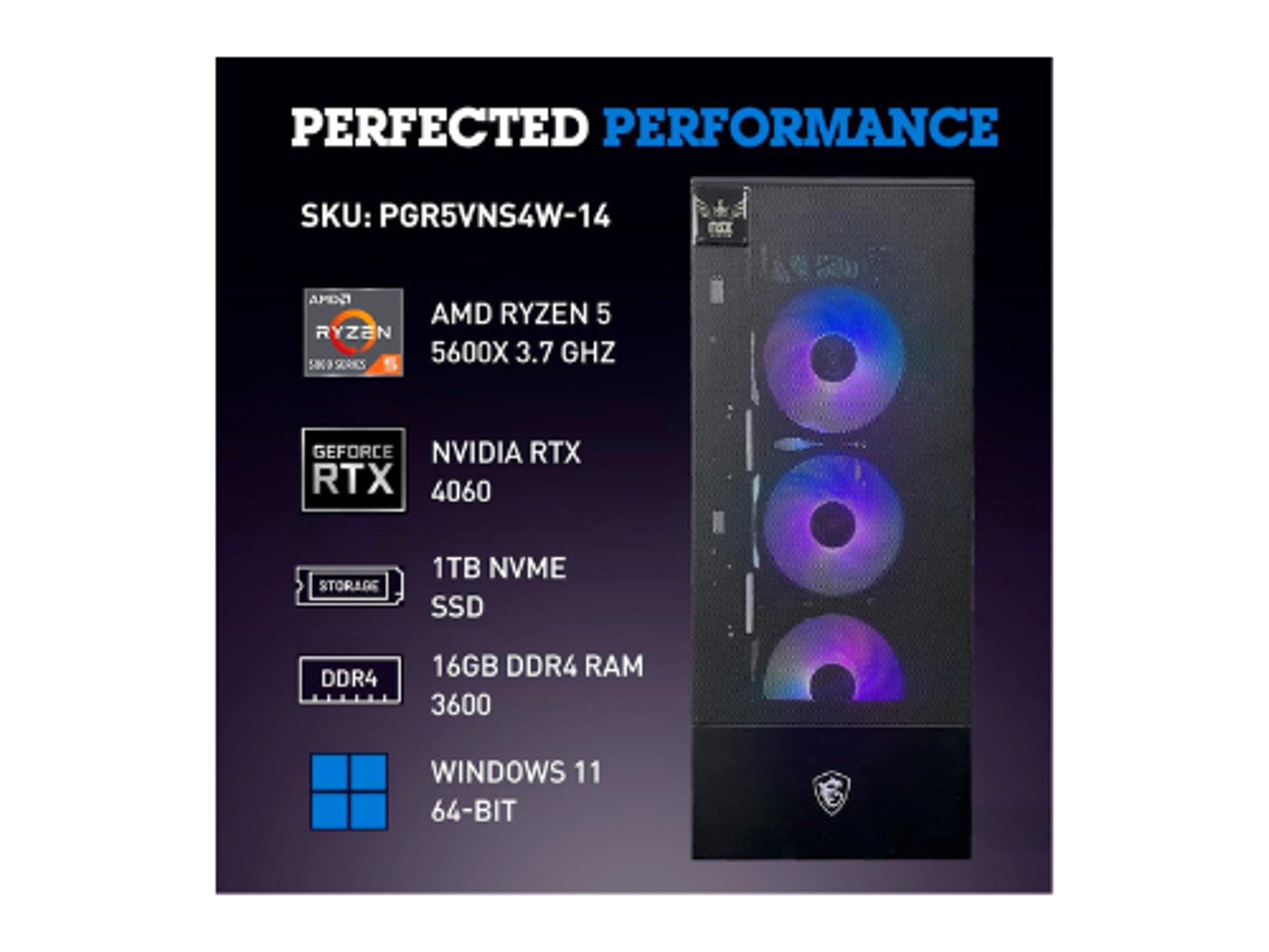 NSX Inferno PC Gamer | AMD R5 5600X | RTX 4060 | 1TB SSD | 16GB RAM | WiFi | Bluetooth | Win 11 Home