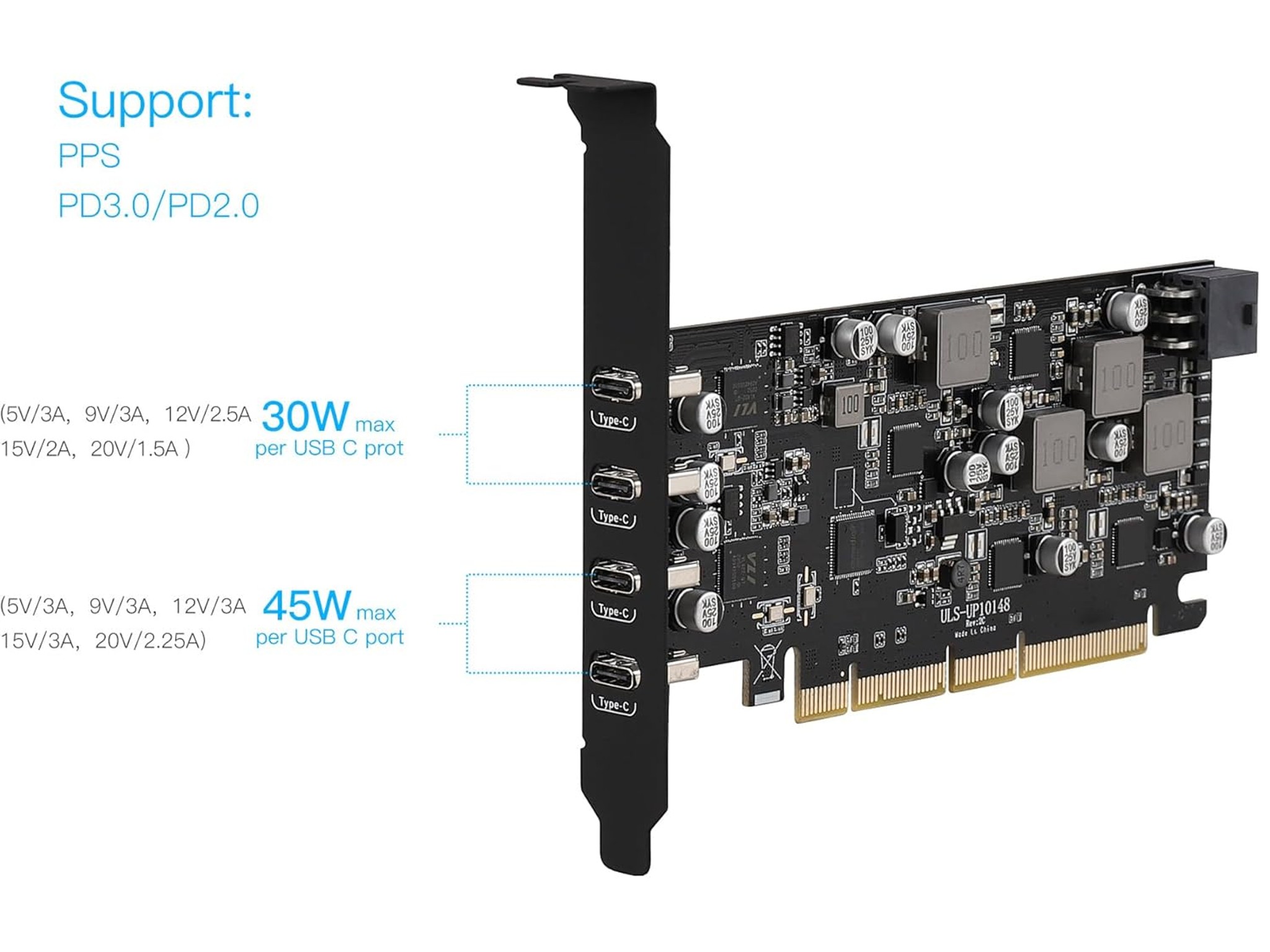 USB PCIe 4 USB Type-C Ports PCIe USB 3.1 (USB 3.2 Gen 2) with 10 Gbps Power Delivery Card