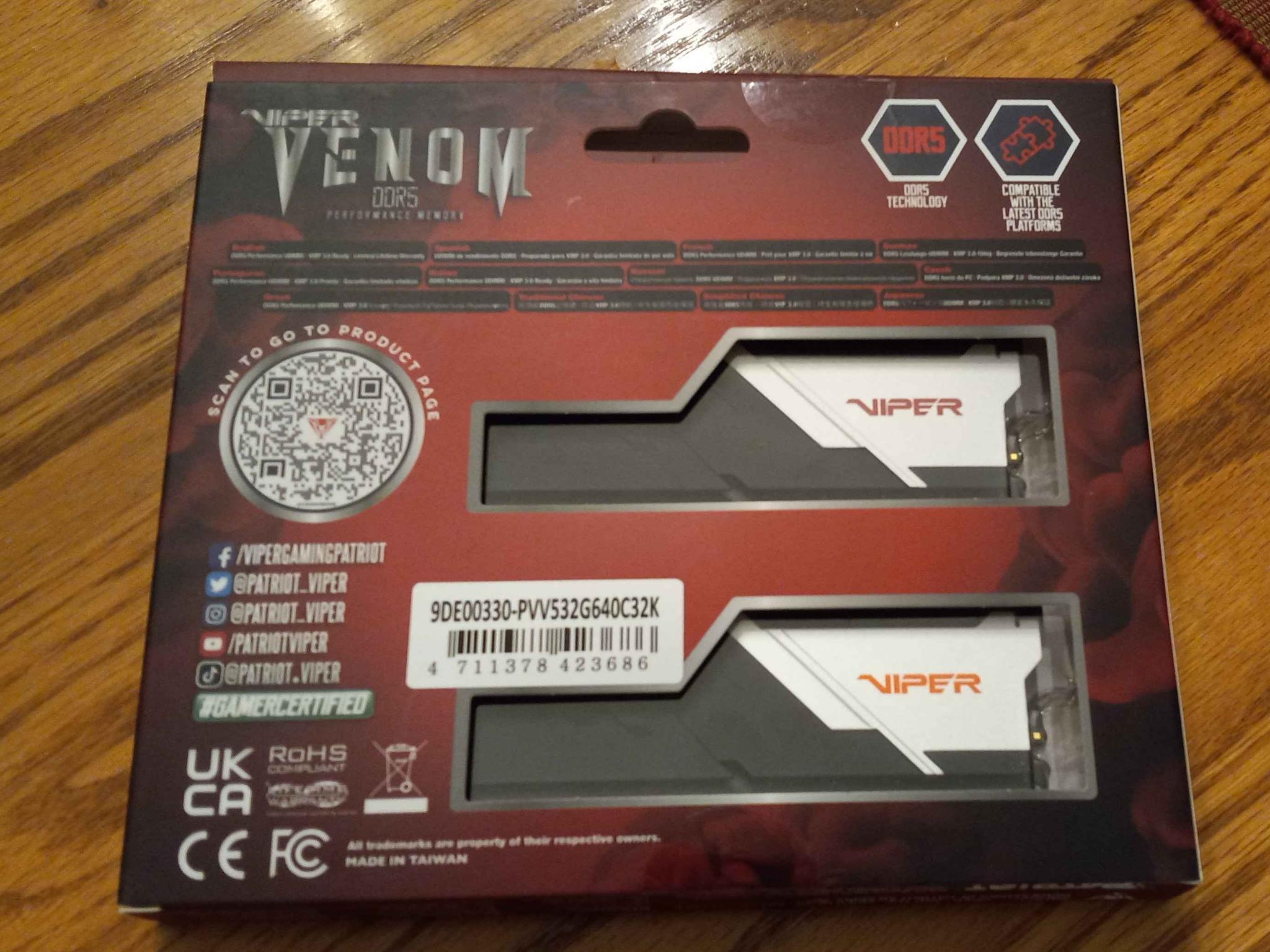 32 GB (2 x 16) Patriot Viper Venom DDR5 @ 6400 MT/s
