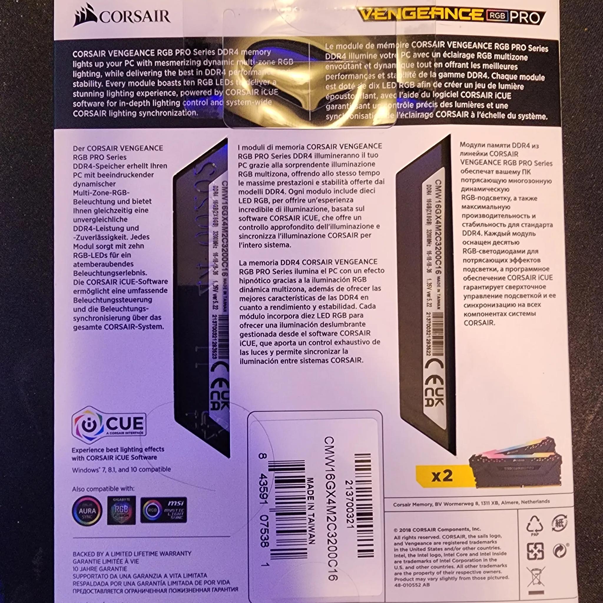 CORSAIR Vengeance RGB Pro 16GB (2x8GB) DDR4 3200 CL16