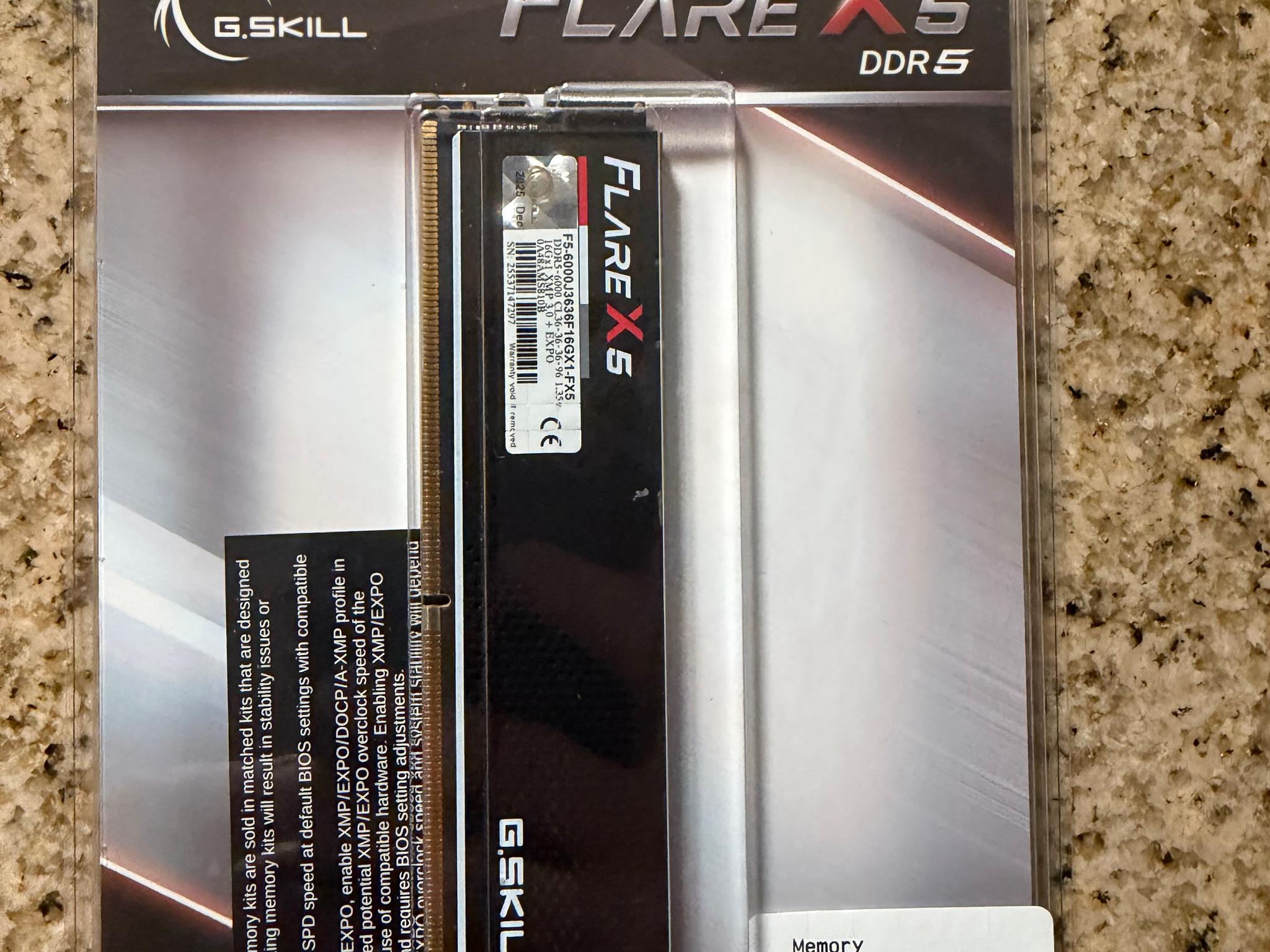 G.Skill Flare X5 16GB: 1 x 16GB DDR5-6000 PC5-48000 CL36 Single Channel Desktop Memory Module Black