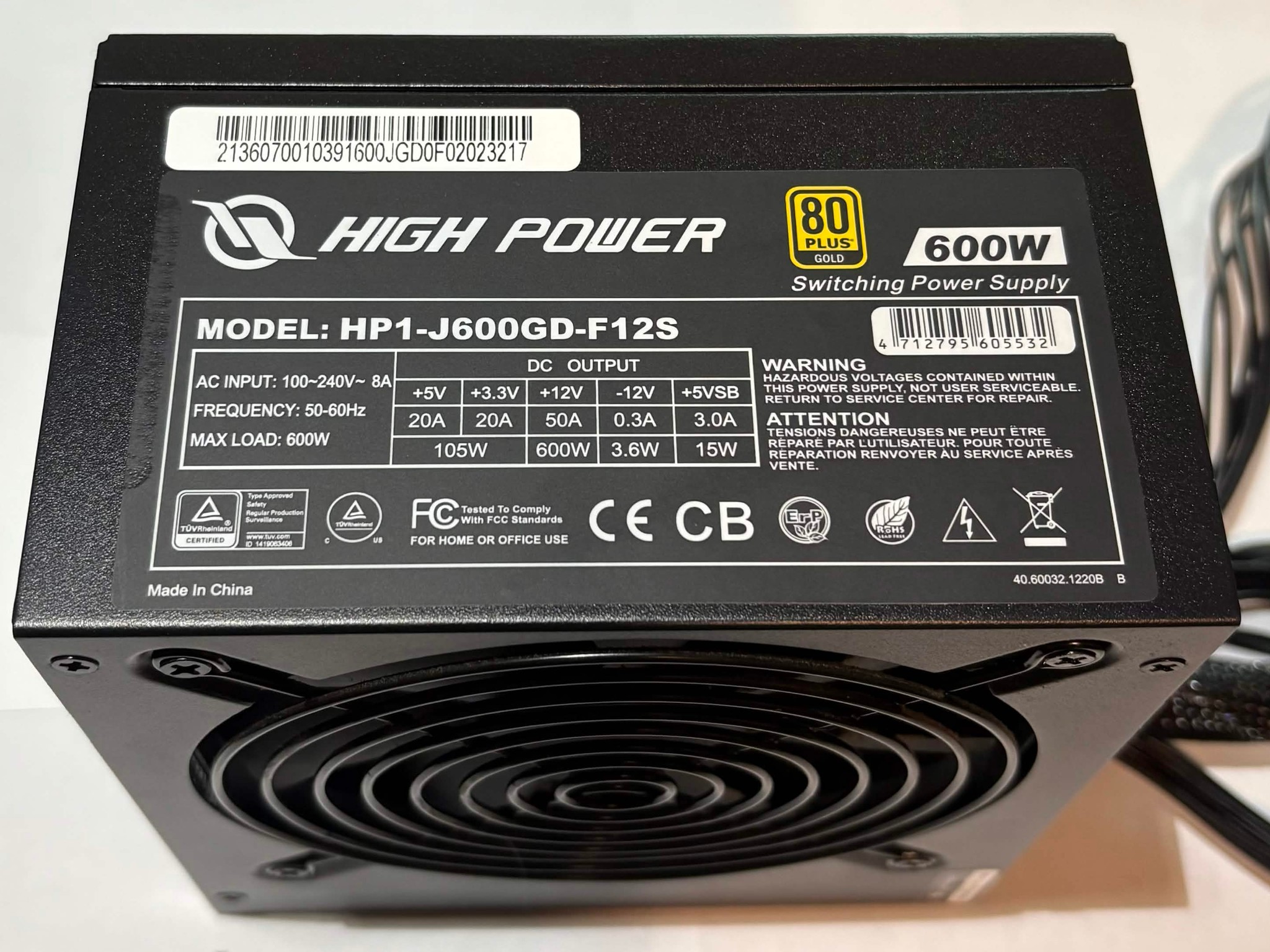 High Power 600W 80+ Gold Power Supply HP1-J600GD-F12S