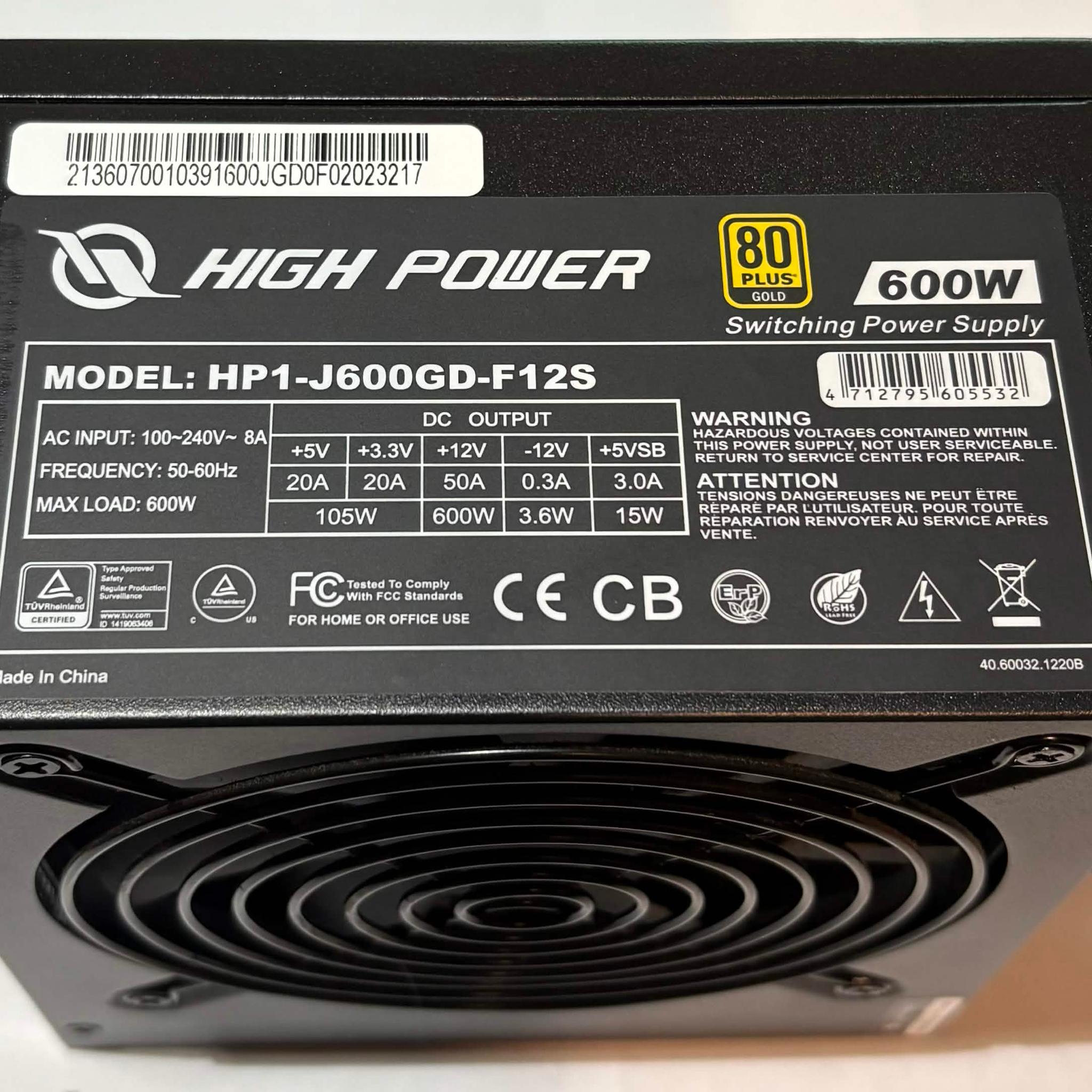 High Power 600W 80+ Gold Power Supply HP1-J600GD-F12S