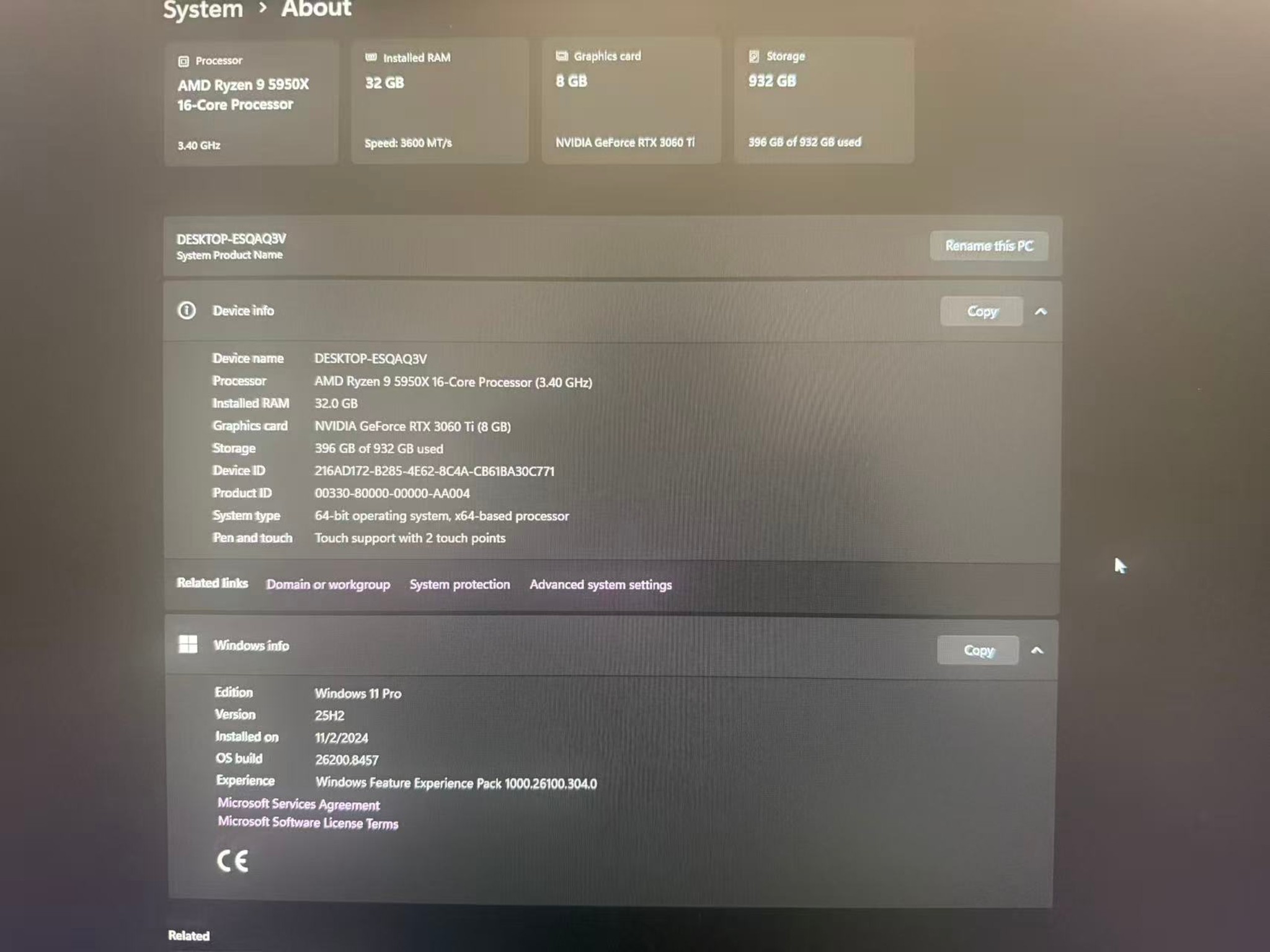 Ryzen 9 5950X, RTX 3060 Ti, 32GB RAM, 1TB Samsung NVMe