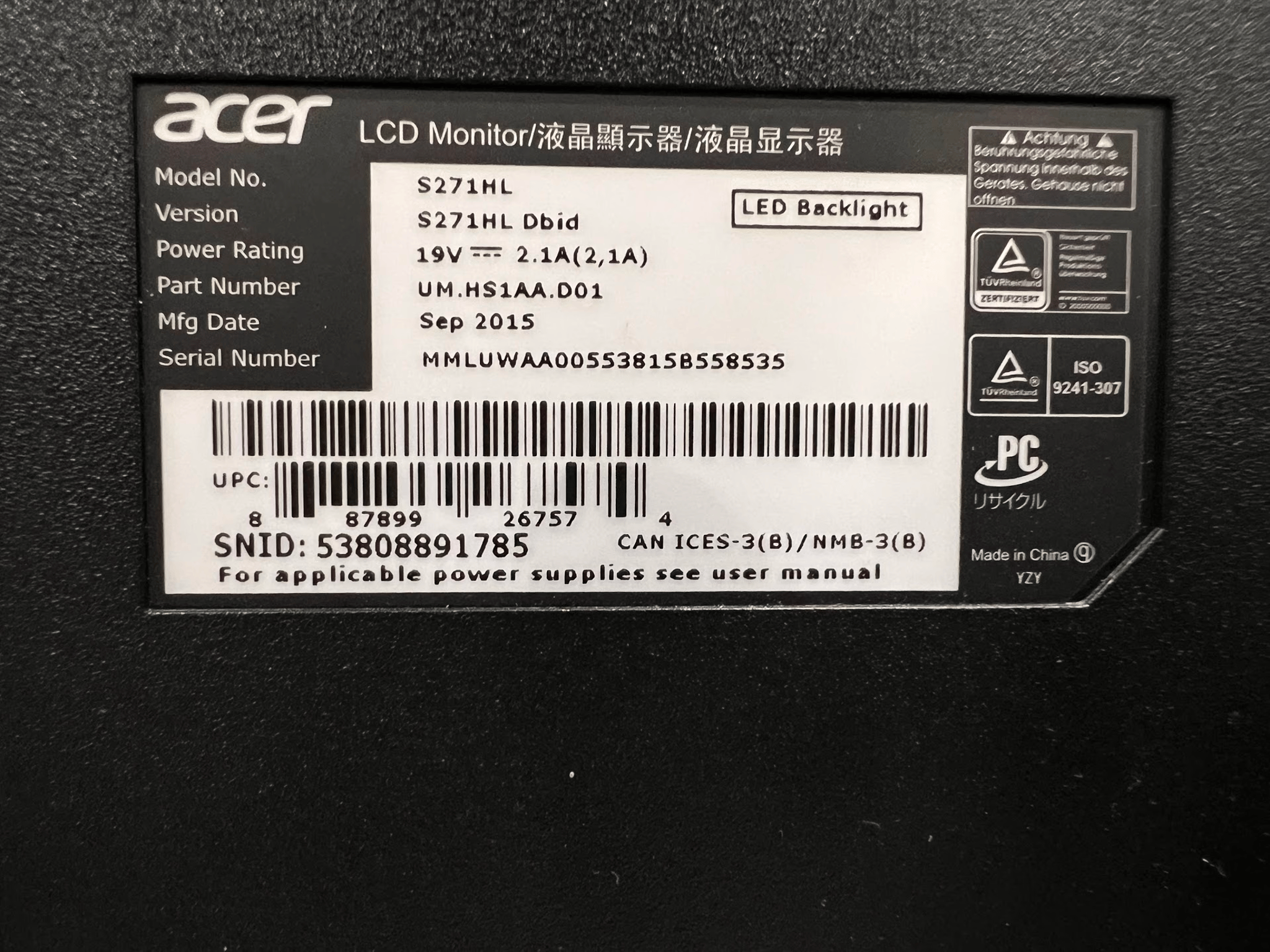 Acer LCD S271hlDbid - 60Hz 1080p Monitor