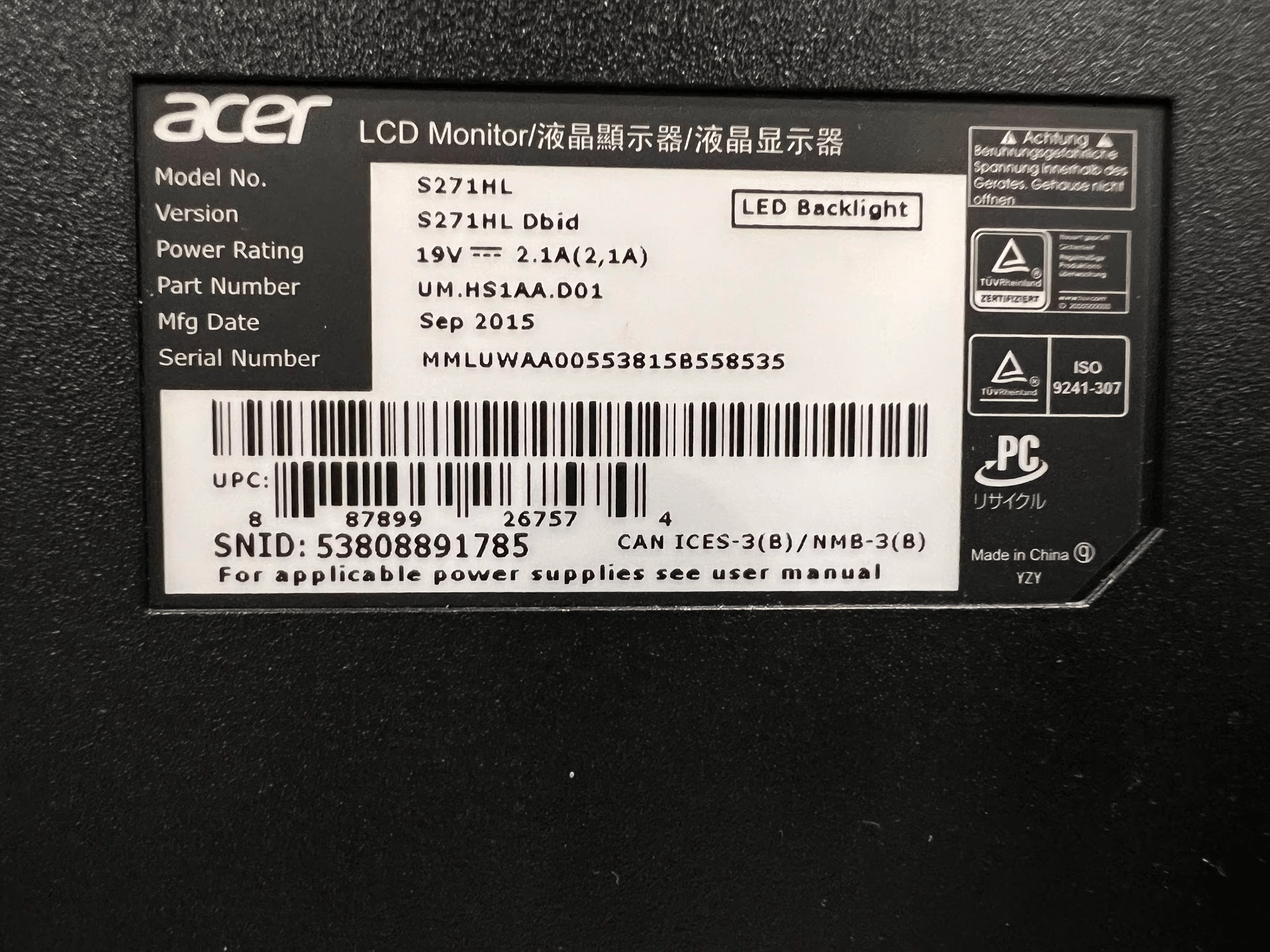 Acer LCD S271hlDbid - 60Hz 1080p Monitor