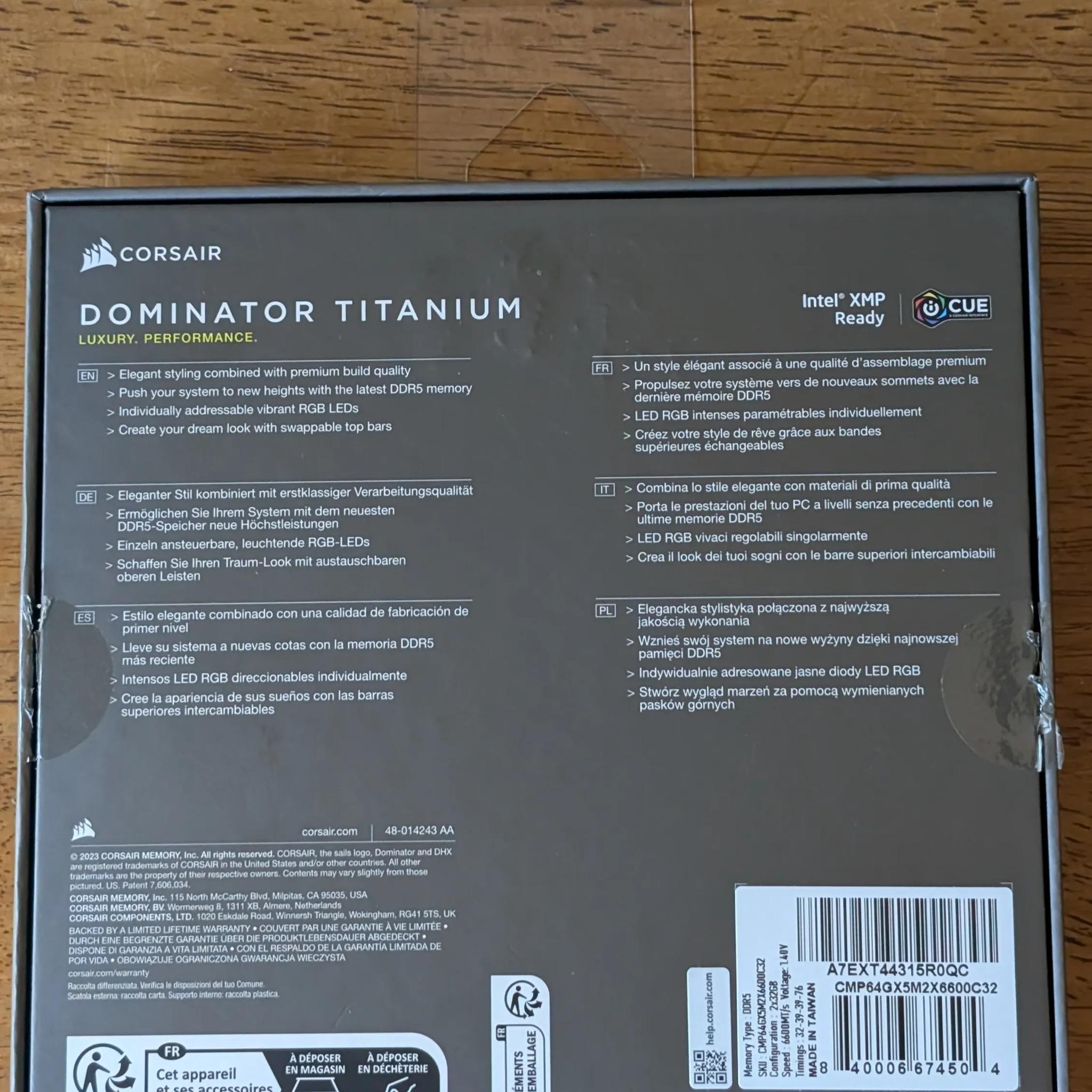 Corsair Dominator Titanium RGB 64GB (2 x 32GB) DDR5-6600 PC5-52800 CL32 RAM