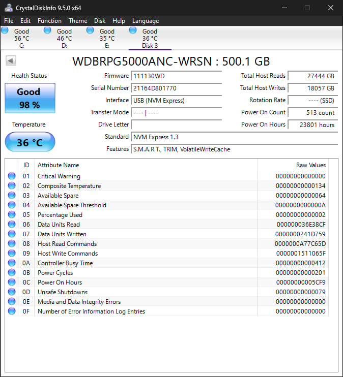 500GB Western Digital Black SN750 SSD PCIe Gen 3 NVMe