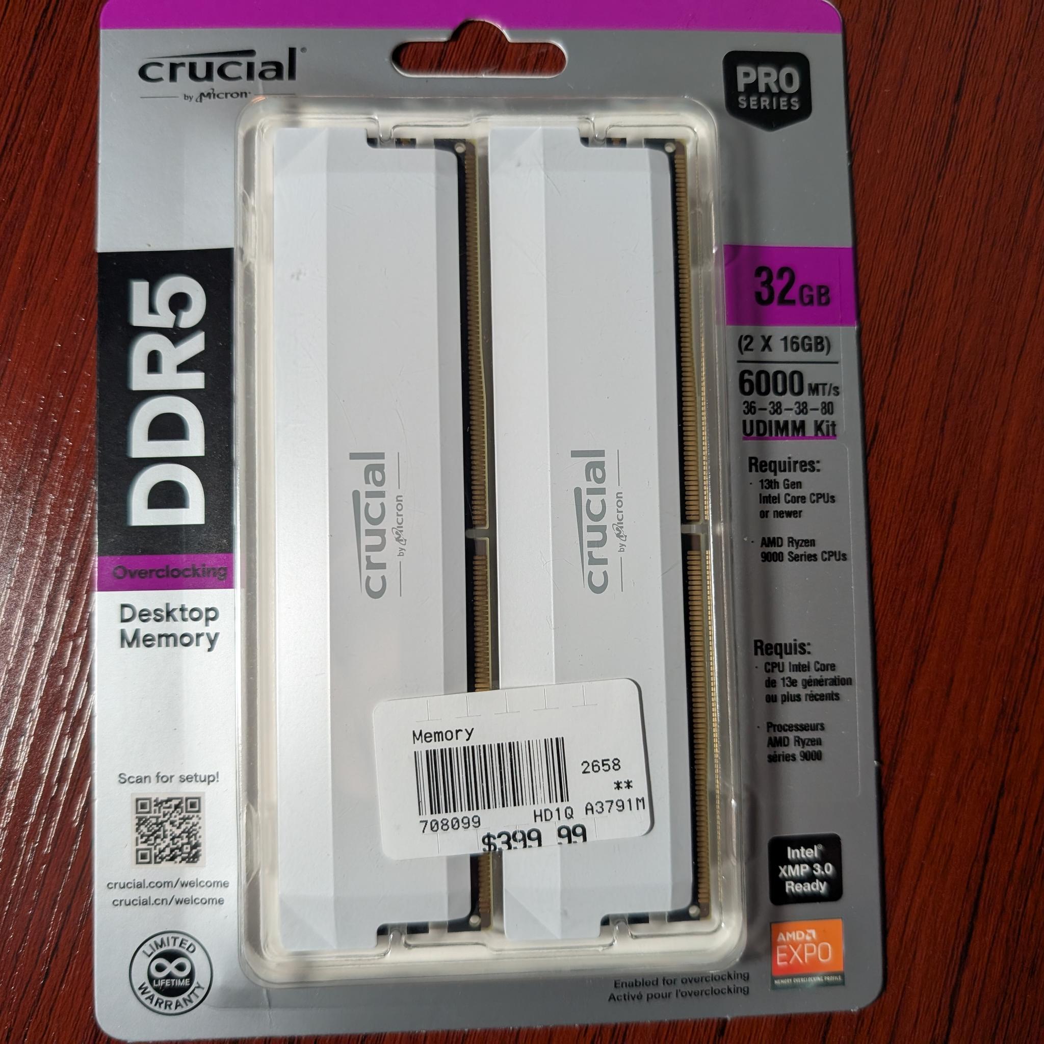 Crucial Pro Overclocking 32GB (2x16GB) DDR5 6000 RAM *BRAND NEW SEALED*