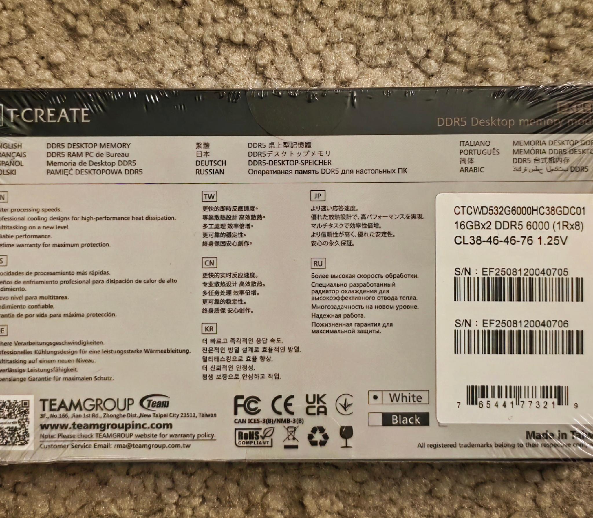 TEAMGROUP T-Create Expert 32GB (2 x 16GB) DDR5 6000MHz CL38-46-46-76 White Brand New Sealed