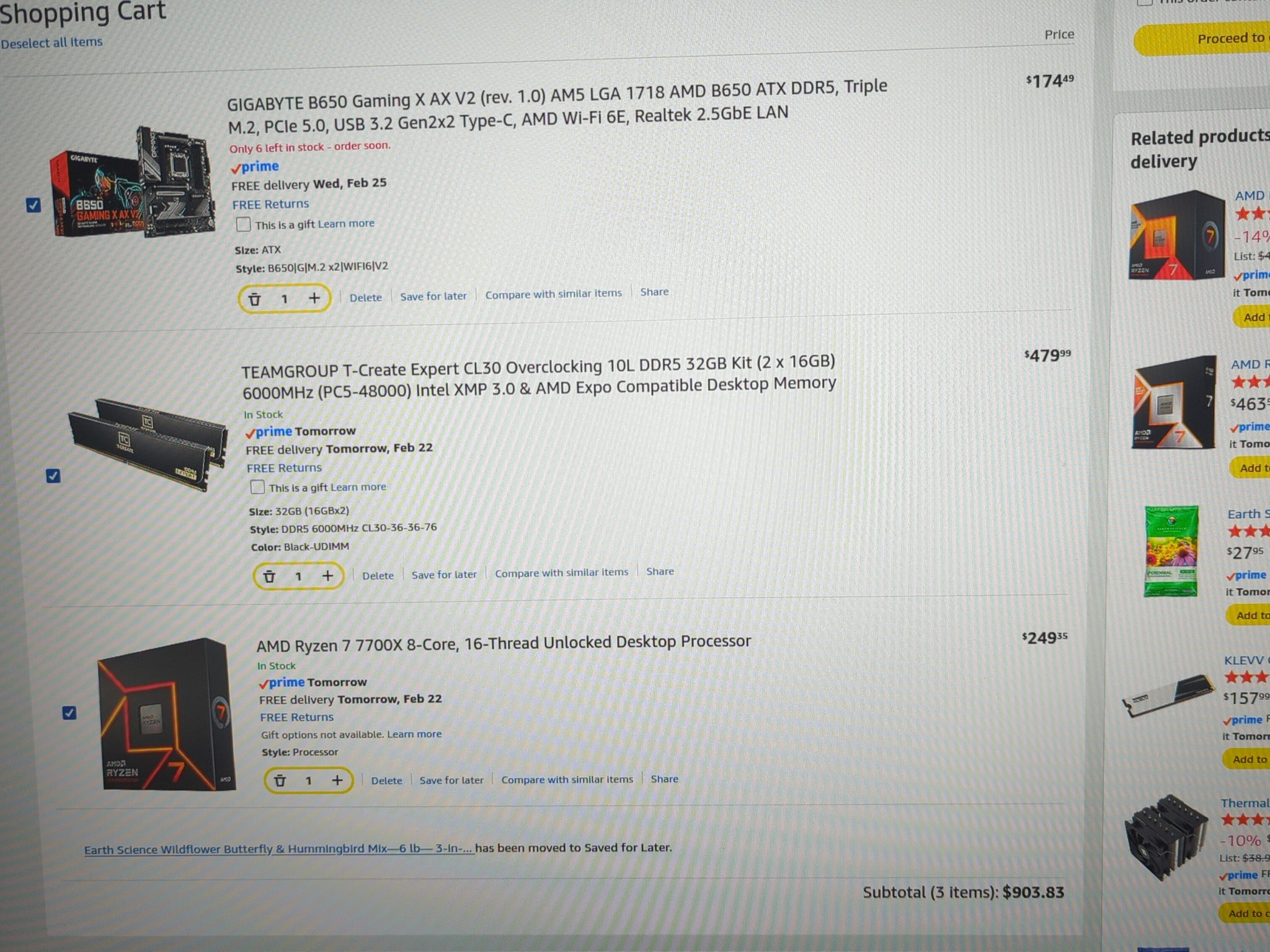 Am5 7700x B650 gigabyte 32gb mobo combo