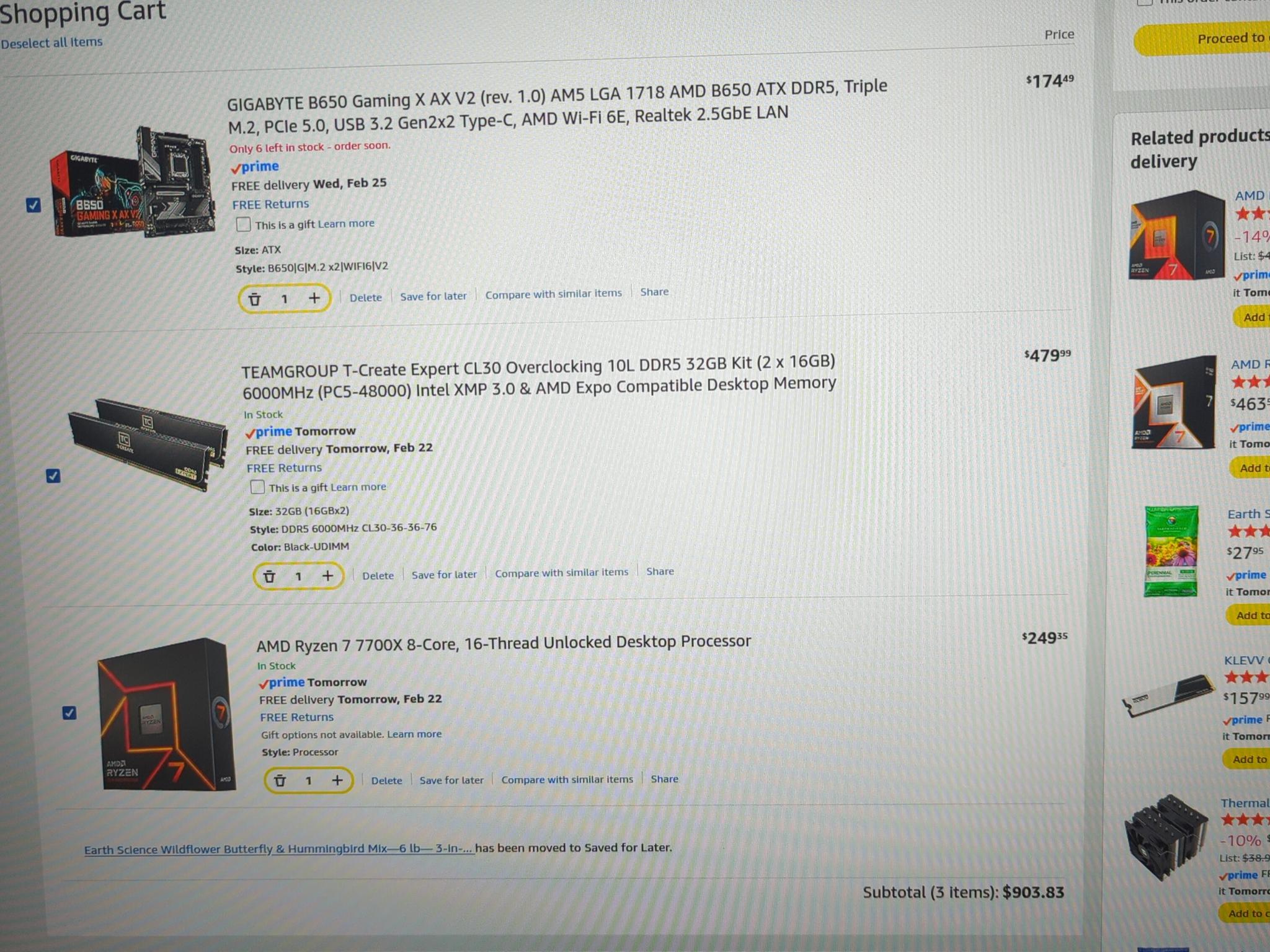 Am5 7700x B650 gigabyte 32gb mobo combo