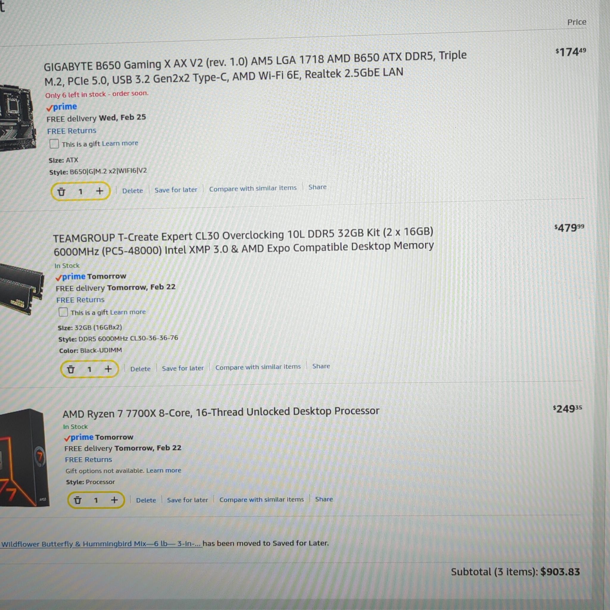 Am5 7700x B650 gigabyte 32gb mobo combo