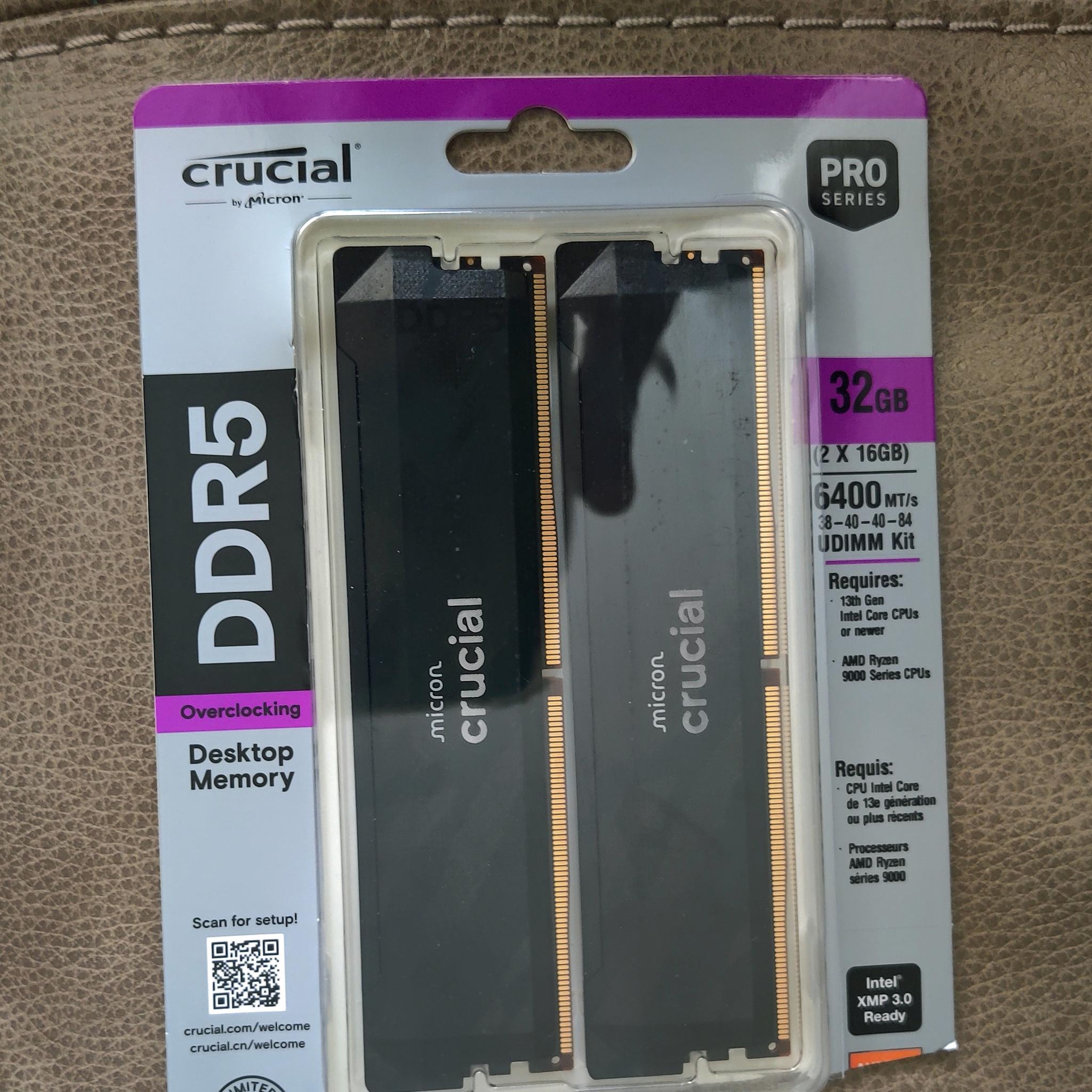 Crucial Pro DDR5-6400 CL38 32GB Kit (16GBx2) UDIMM: OC Gaming Memory Black
