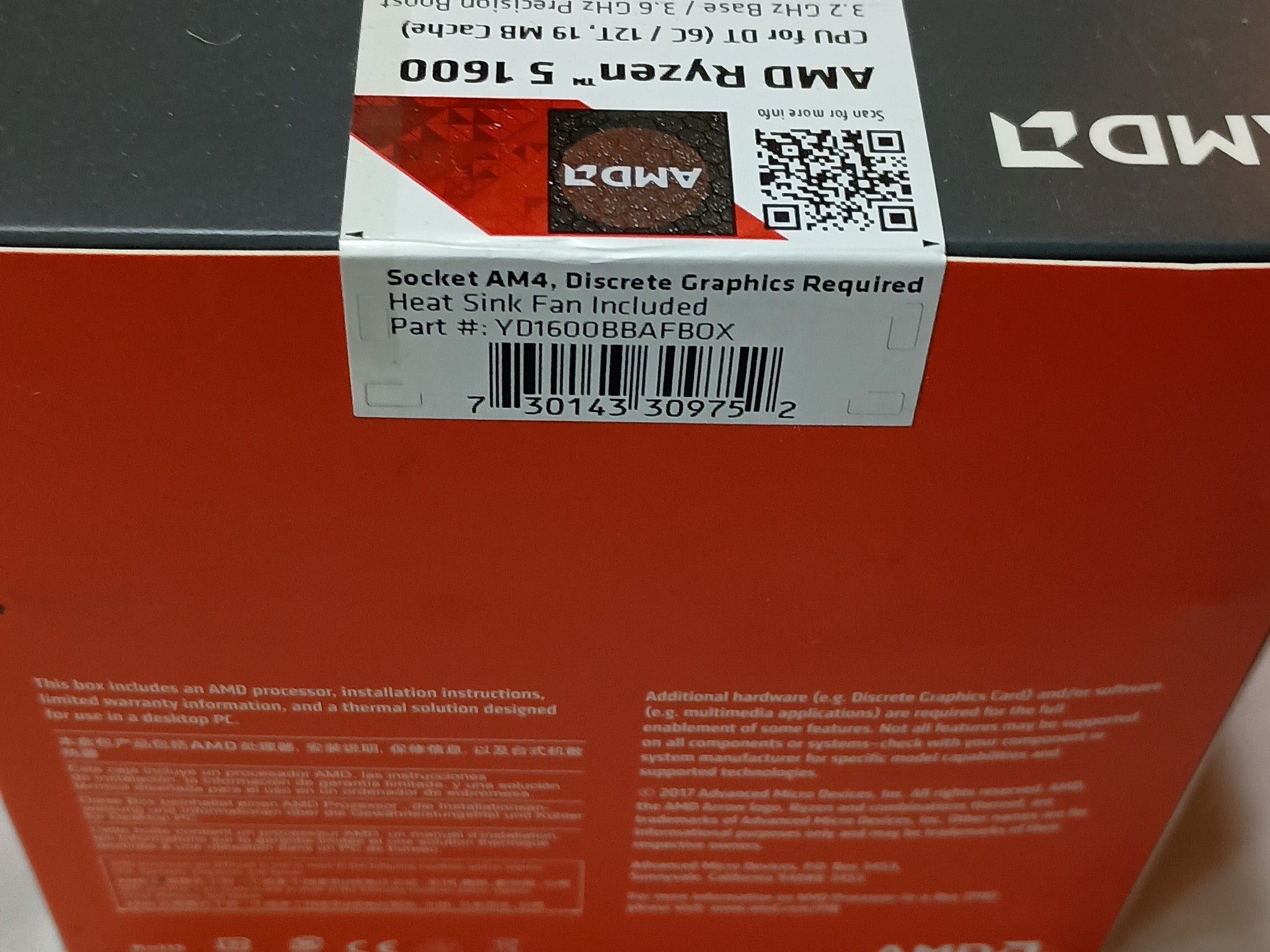 Ryzen 5 1600 AM4 6-Core 12-Thread 3.2-3.6GHz 65W Processor NEW