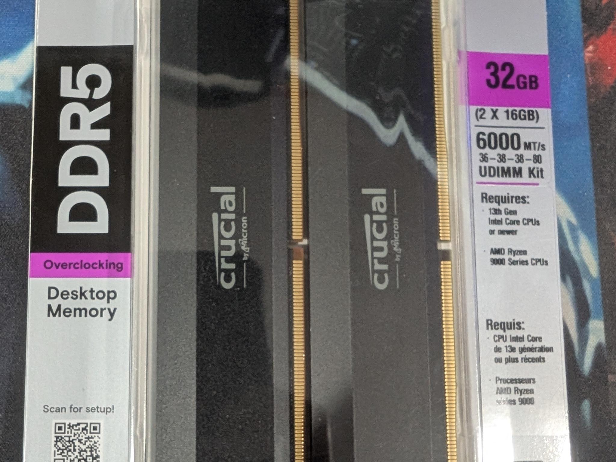 New In Box - Crucial Pro Overclocking 32GB DDR5-6000 CL36 Dual Channel Desktop Memory Kit Black