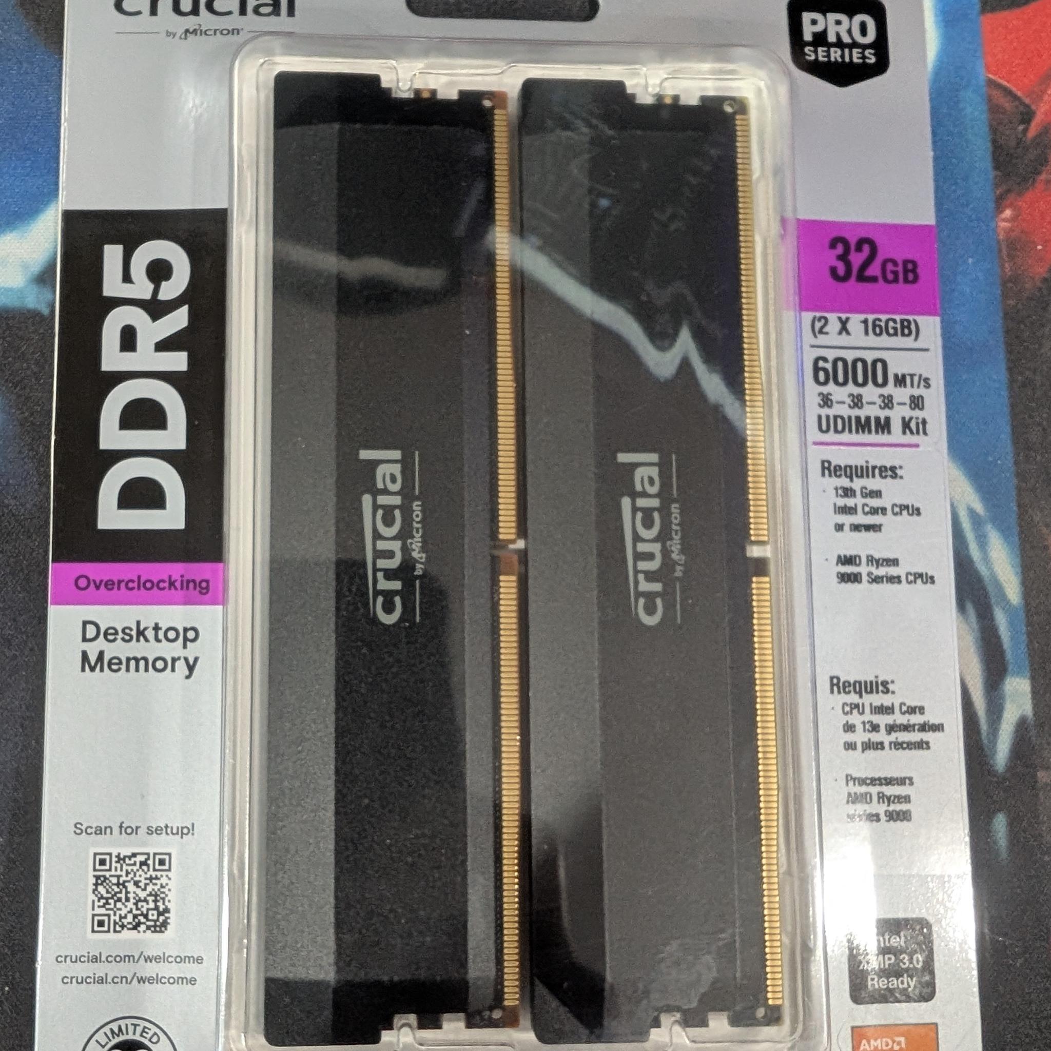 New In Box - Crucial Pro Overclocking 32GB DDR5-6000 CL36 Dual Channel Desktop Memory Kit Black