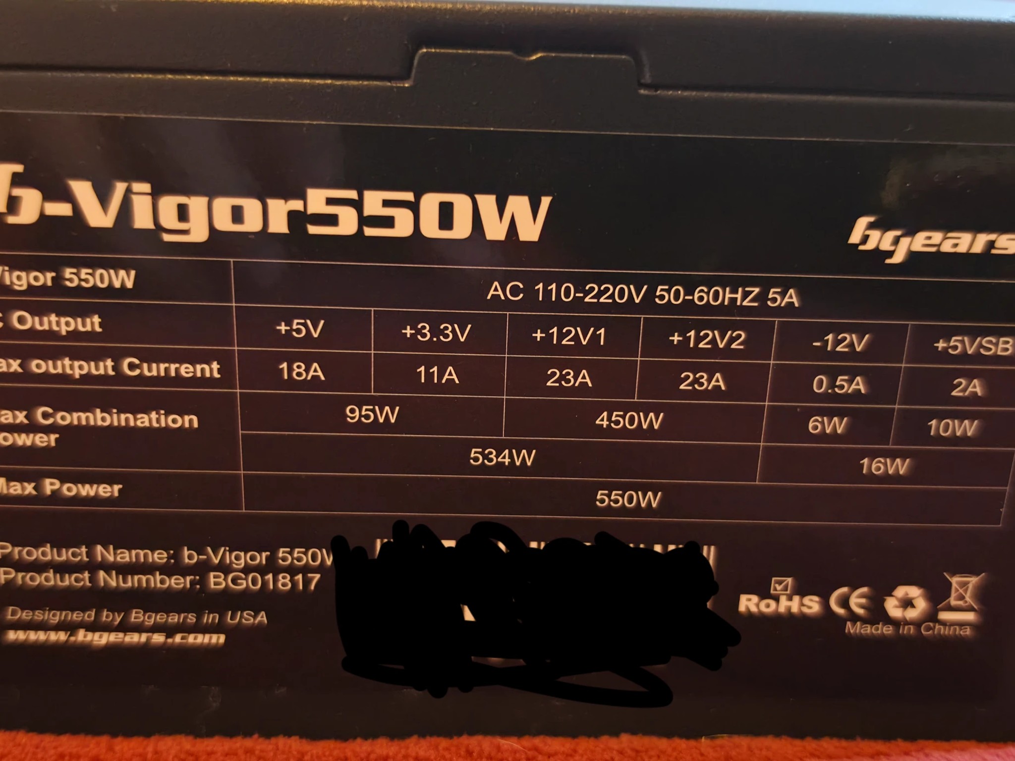 b-Vigor 550w 80+ Efficiency ATX PSU