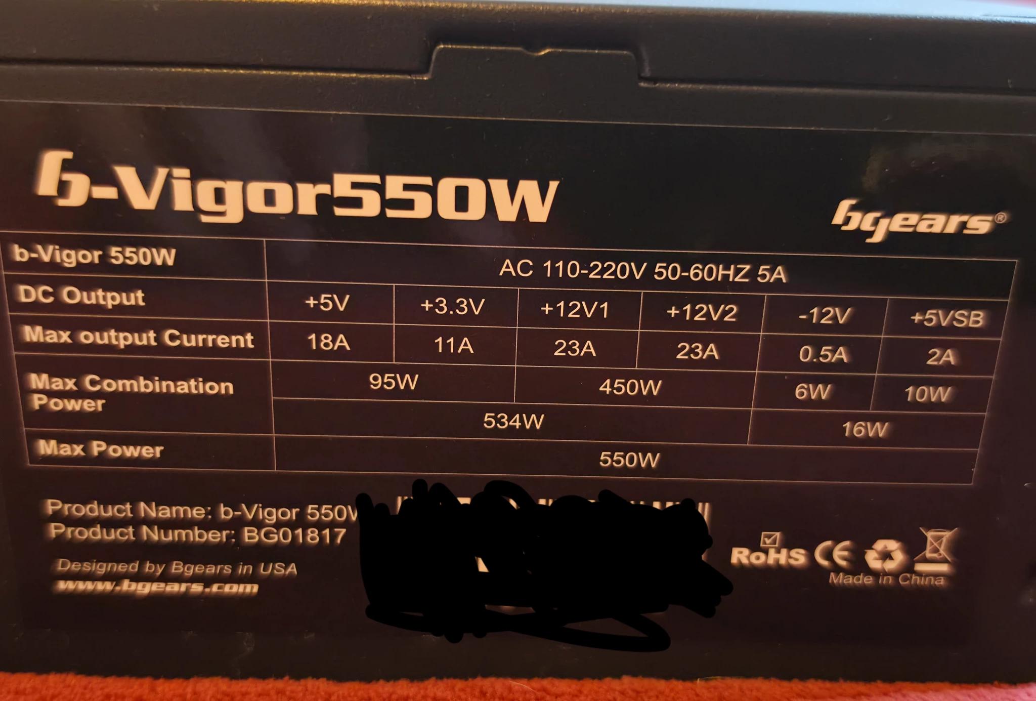 b-Vigor 550w 80+ Efficiency ATX PSU