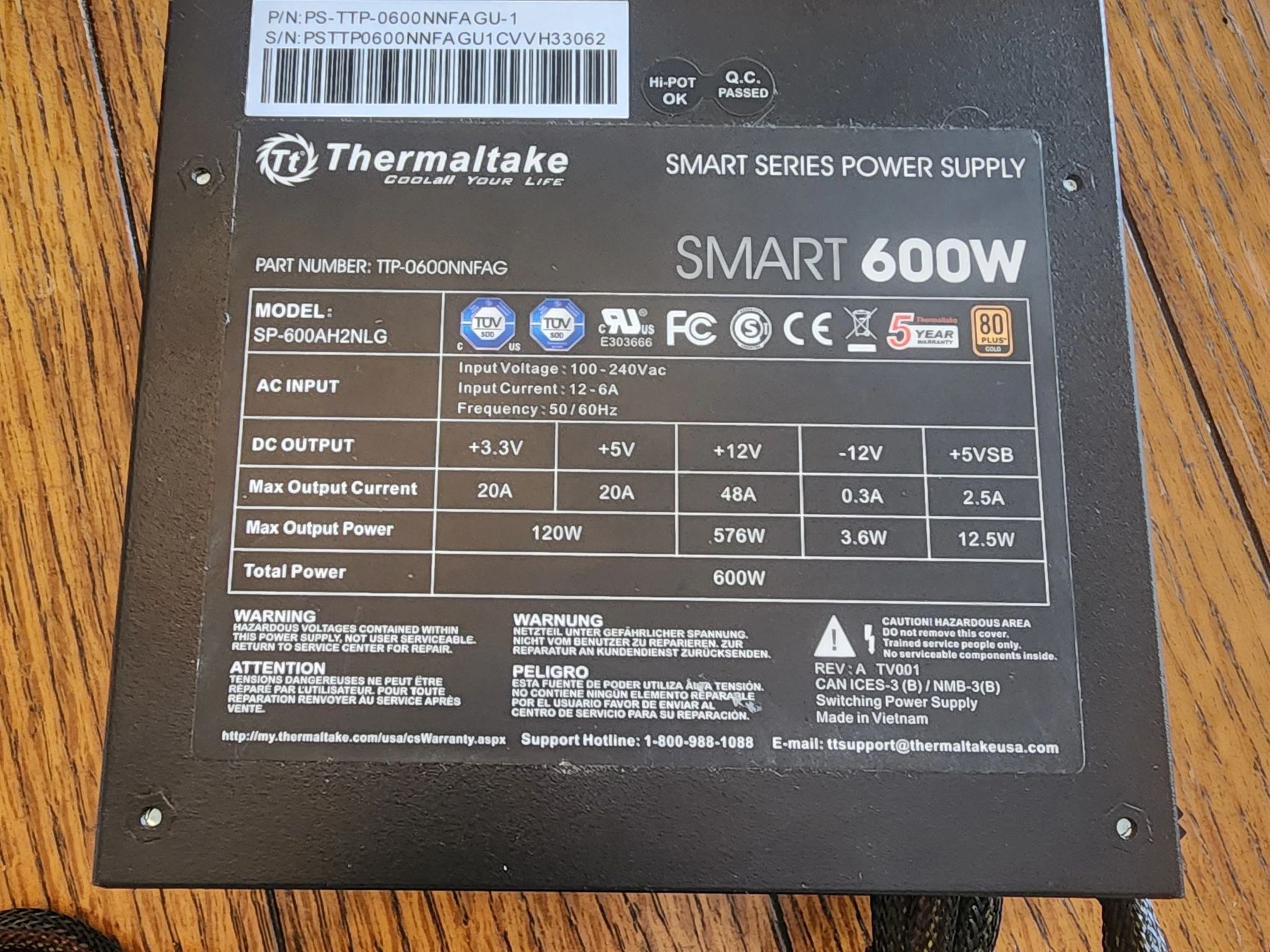 ThermalTake Smart 600W 80+ Gold PSU, OEM version of TT Toughpower GX2 (C Tier)