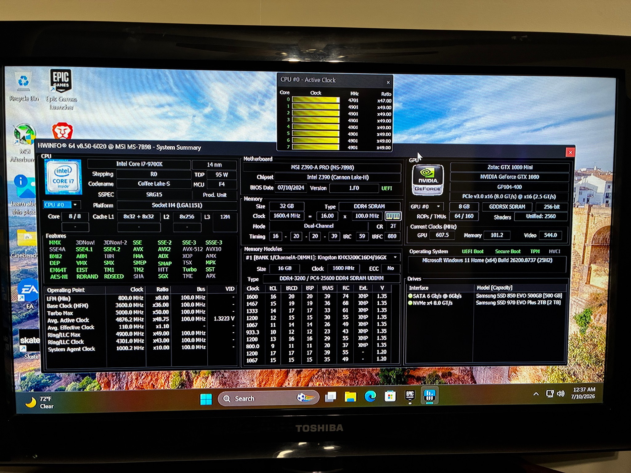 GTX 1080 | Intel I7 9700k | 32gb DDR4 3200 | 2.5 TB SSD