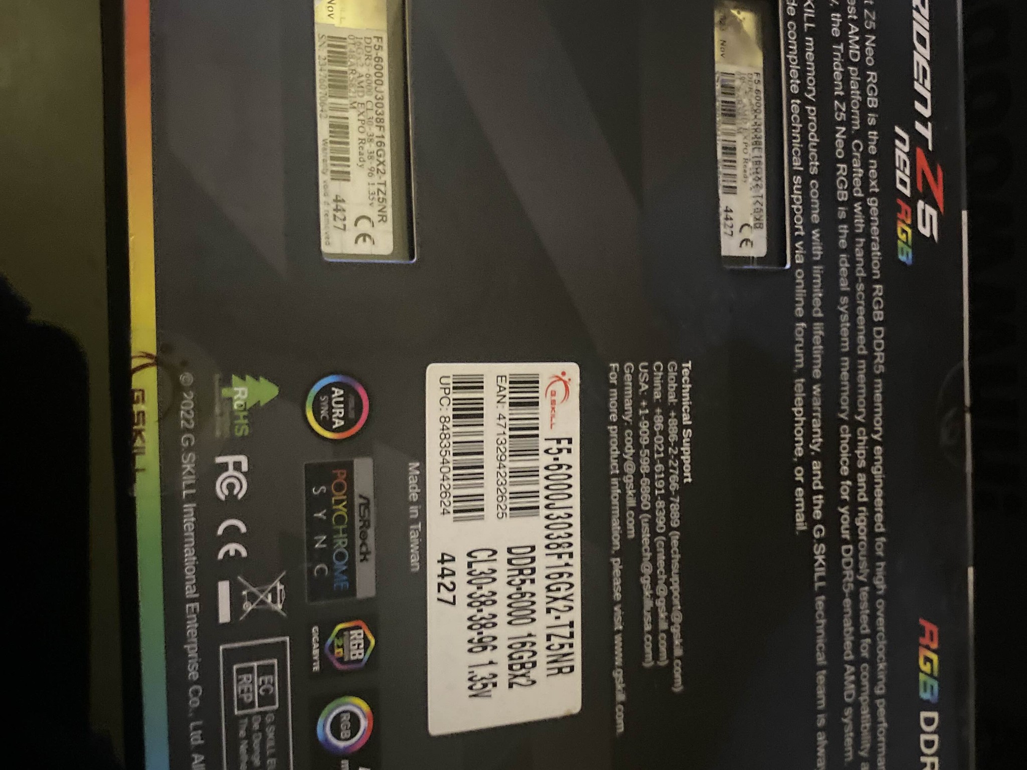 DDR5 64GB 6000MTS NEO G.SKILL TRIDENT Z5 RGB (4x16)