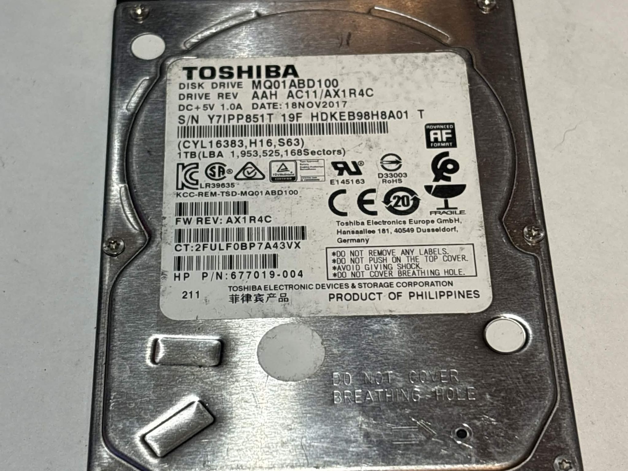 Toshiba 1TB SATA Laptop Hard Drive | Tested & Functional