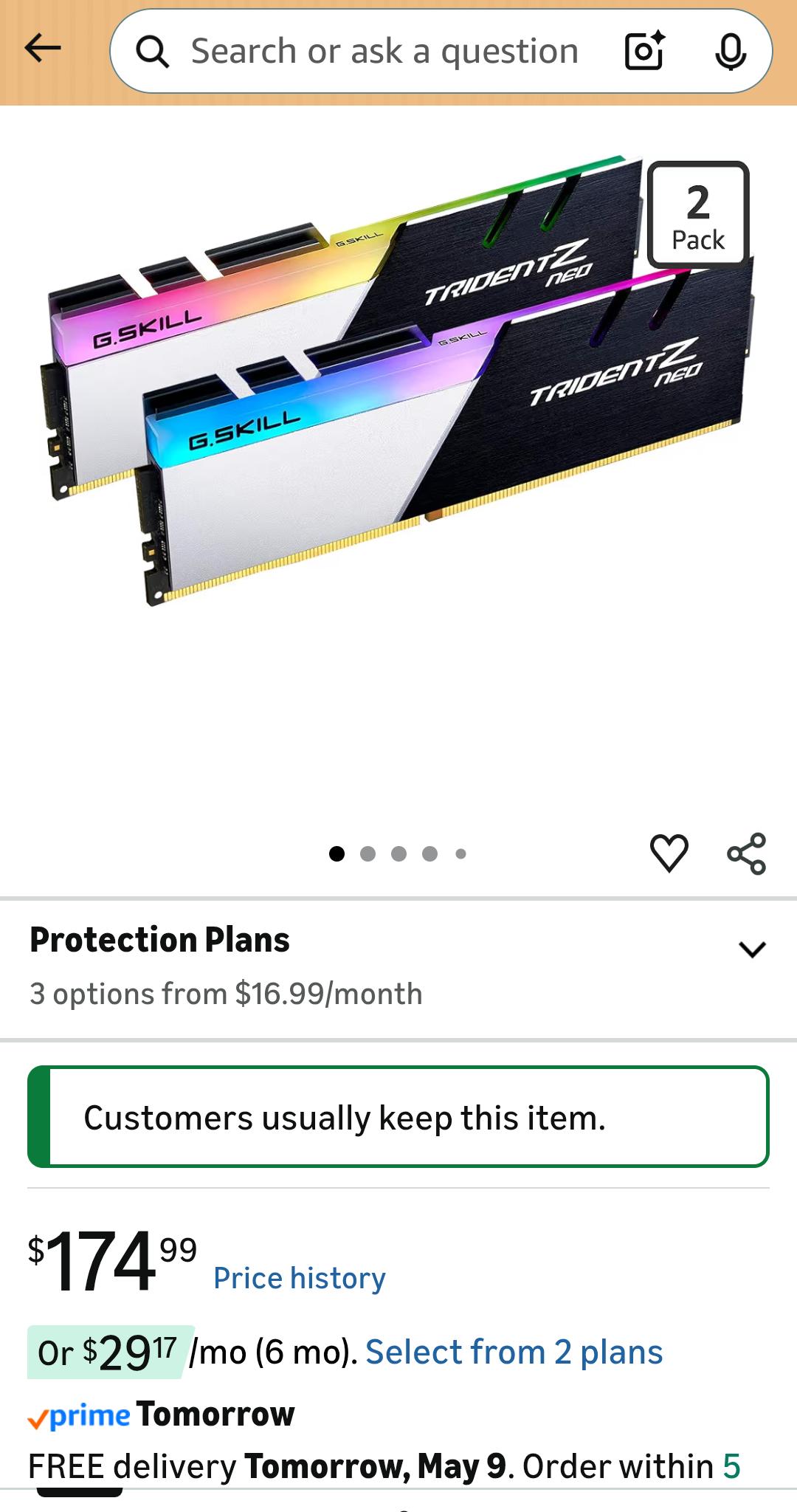 G.SKILL Trident Z Neo Series DDR4 RAM (XMP) 16GB (2x8GB) 3600MT/s CL18-22-22-42 1.35V Intel AMD