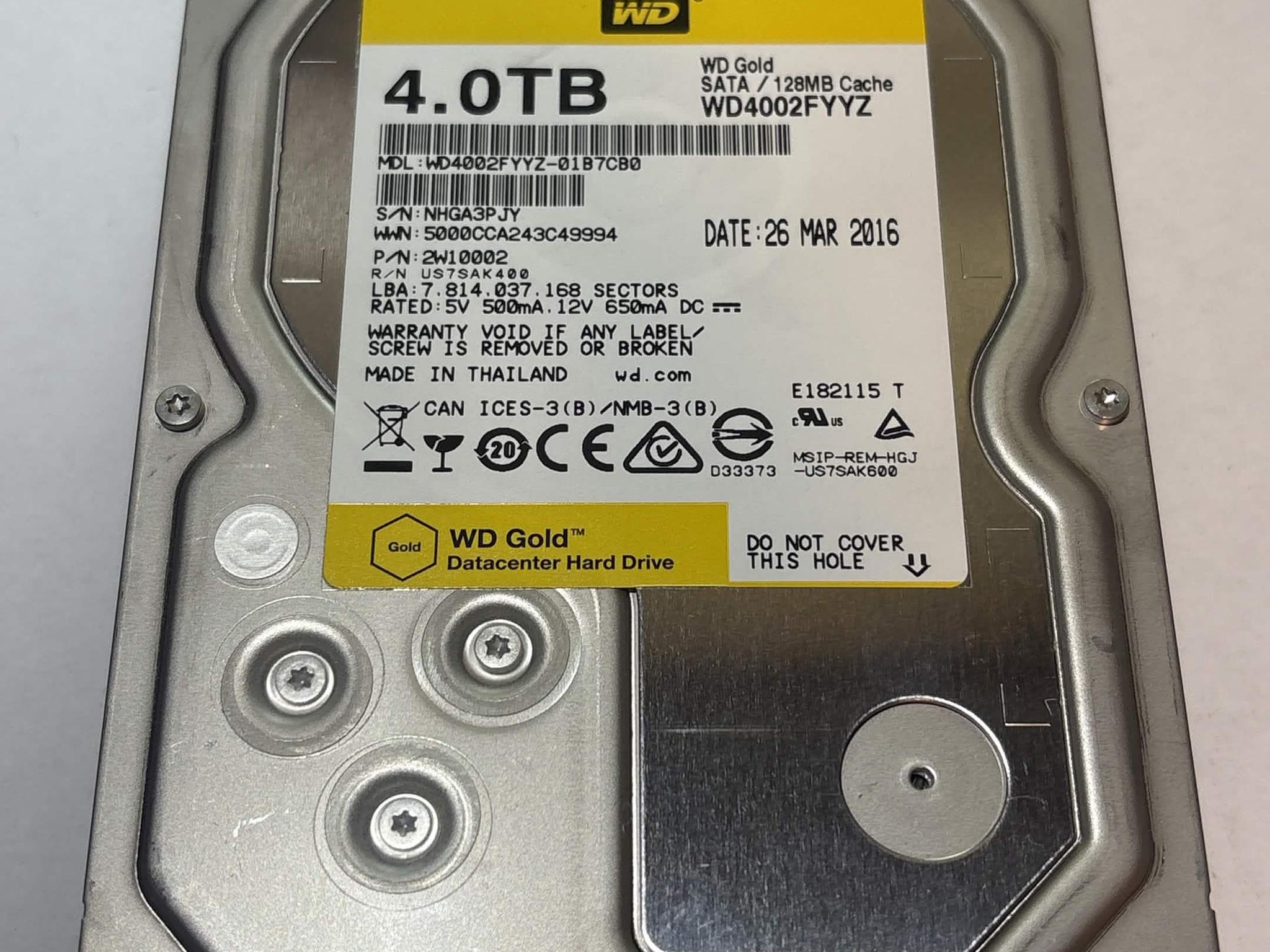 WD Gold 4TB WD4002FYYZ 7200RPM SATA Enterprise HDD – 46,423 Hours – SMART Good