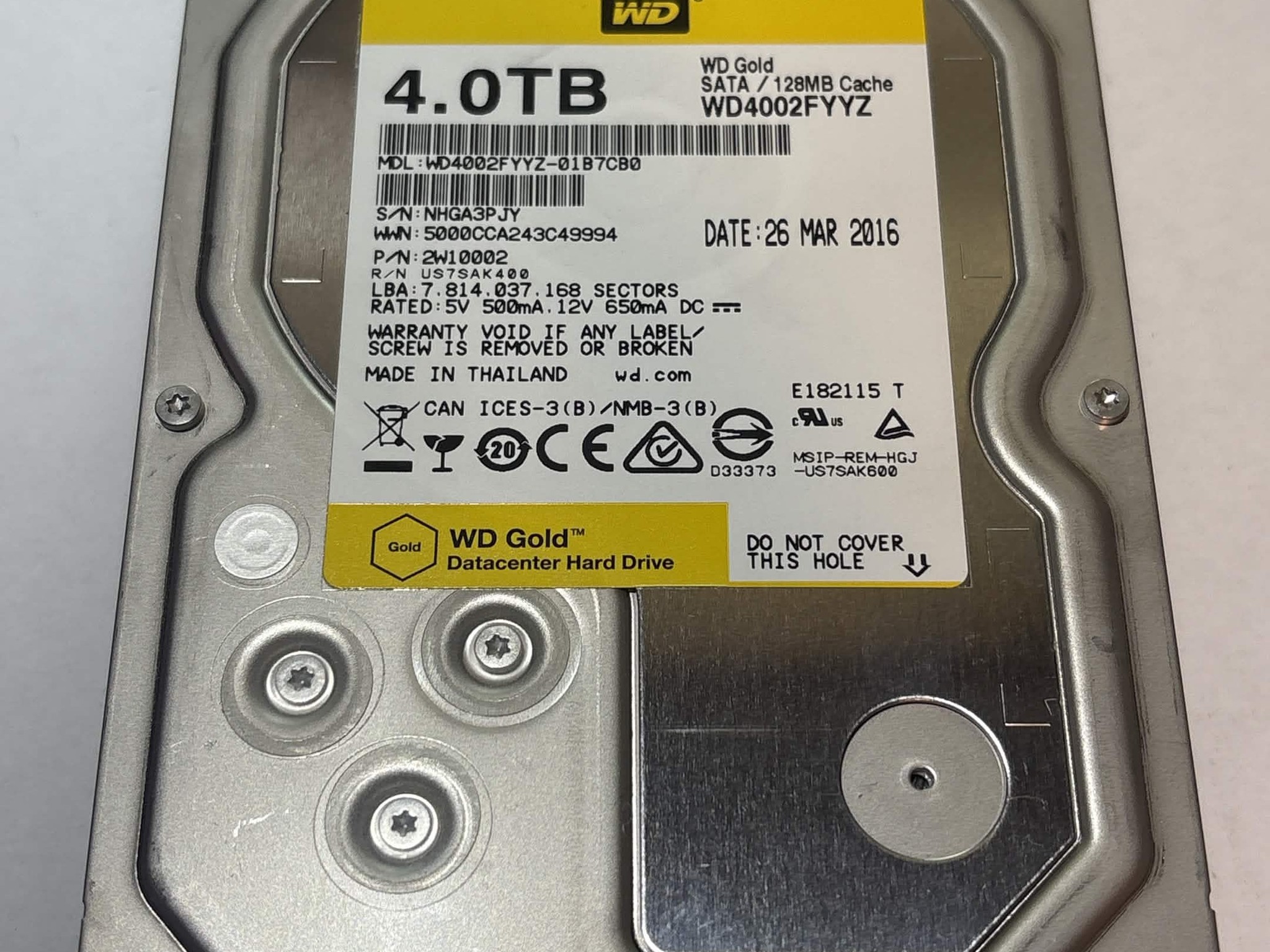 WD Gold 4TB WD4002FYYZ 7200RPM SATA Enterprise HDD – 46,423 Hours – SMART Good