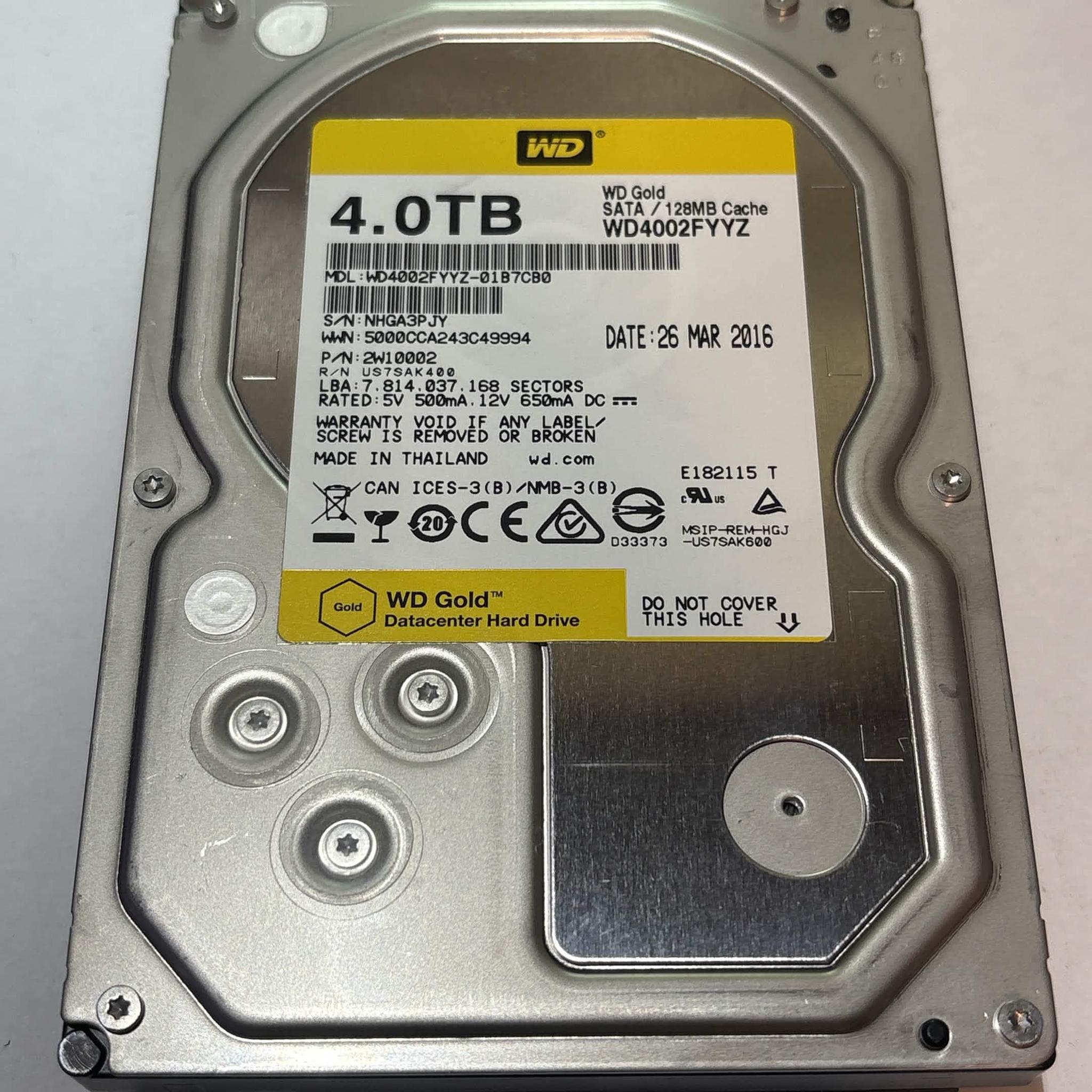 WD Gold 4TB WD4002FYYZ 7200RPM SATA Enterprise HDD – 46,423 Hours – SMART Good