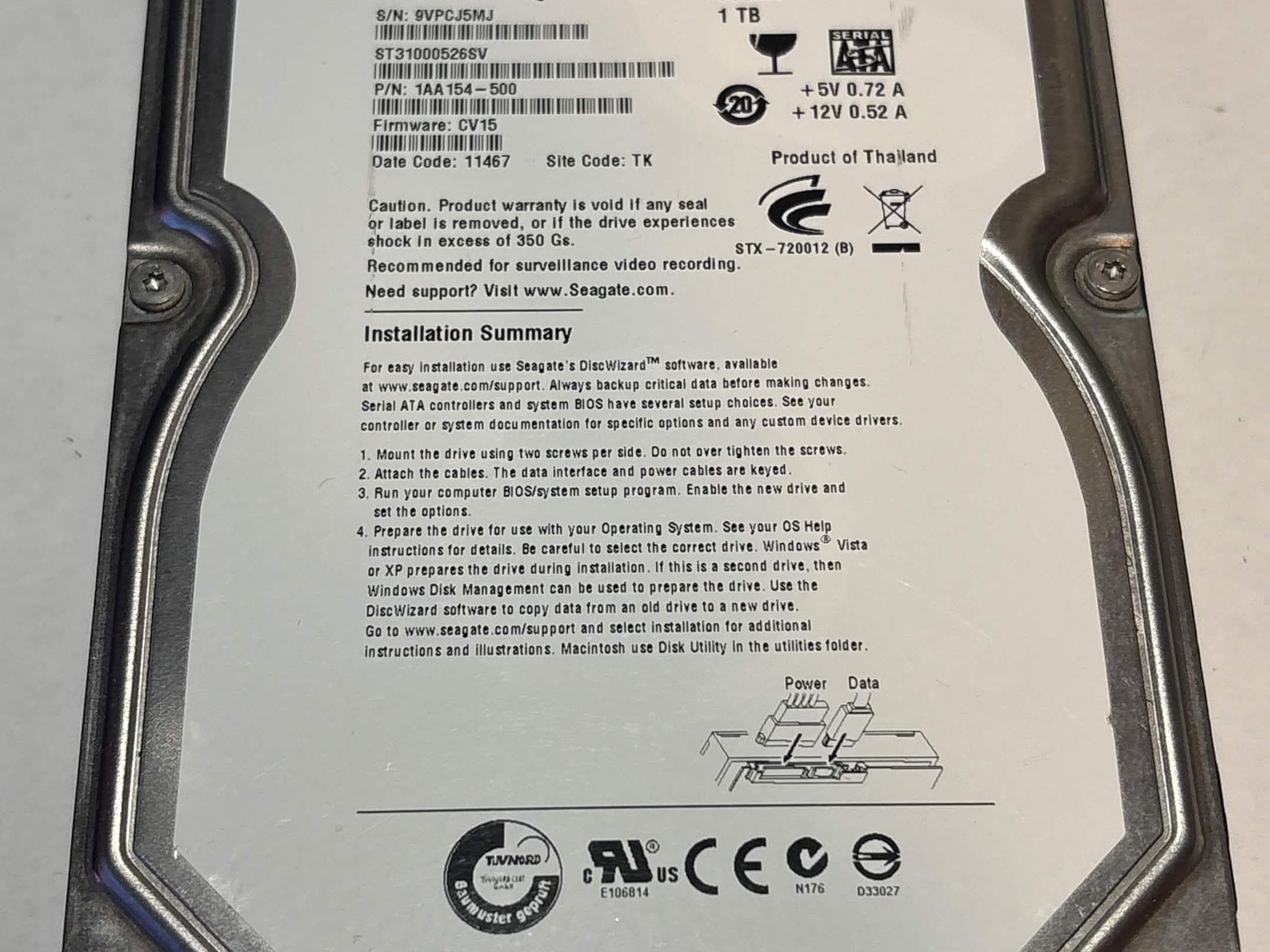 Seagate SV35 1TB 7200RPM SATA Surveillance Hard Drive | Tested & Healthy