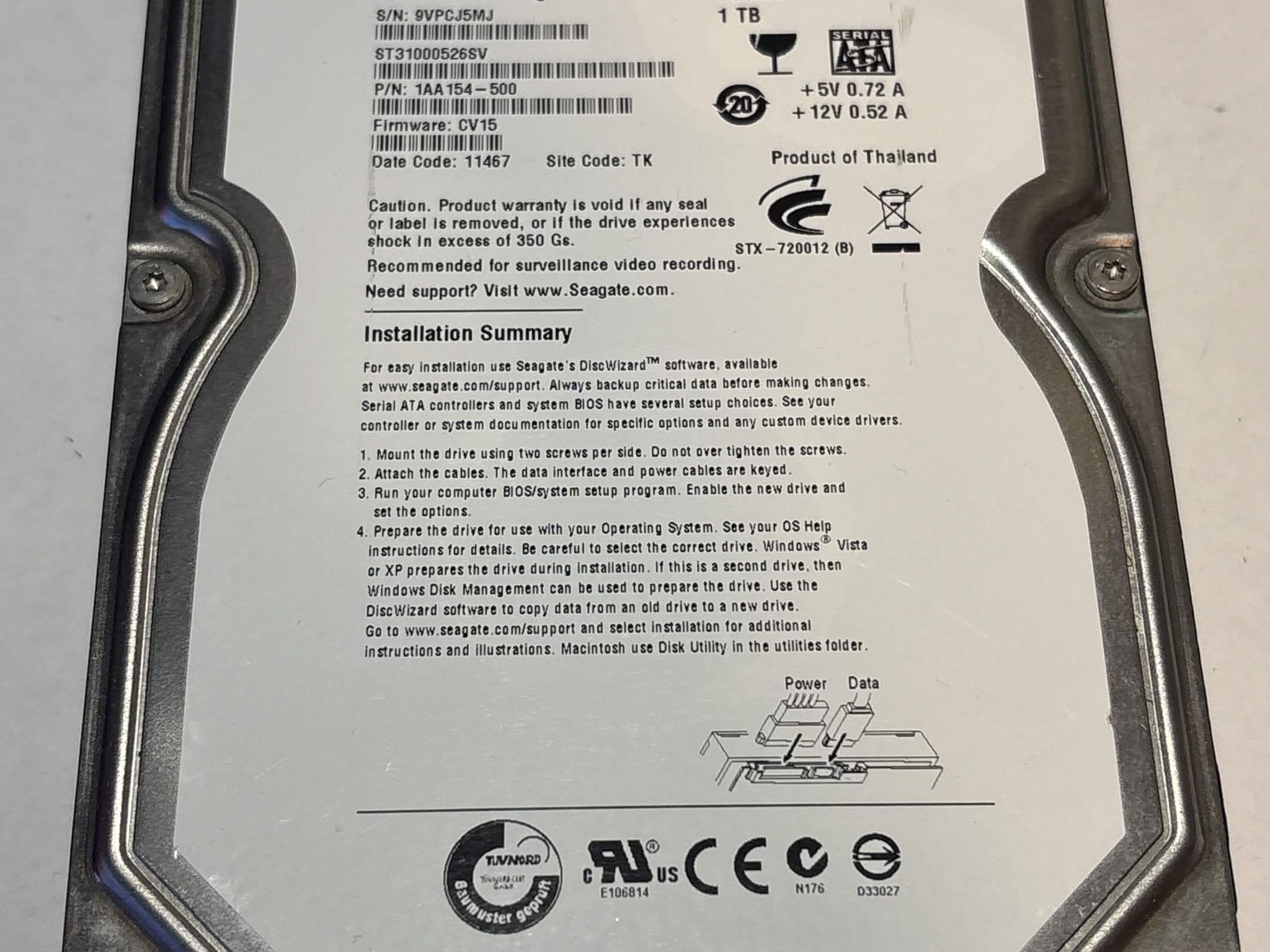 Seagate SV35 1TB 7200RPM SATA Surveillance Hard Drive | Tested & Healthy