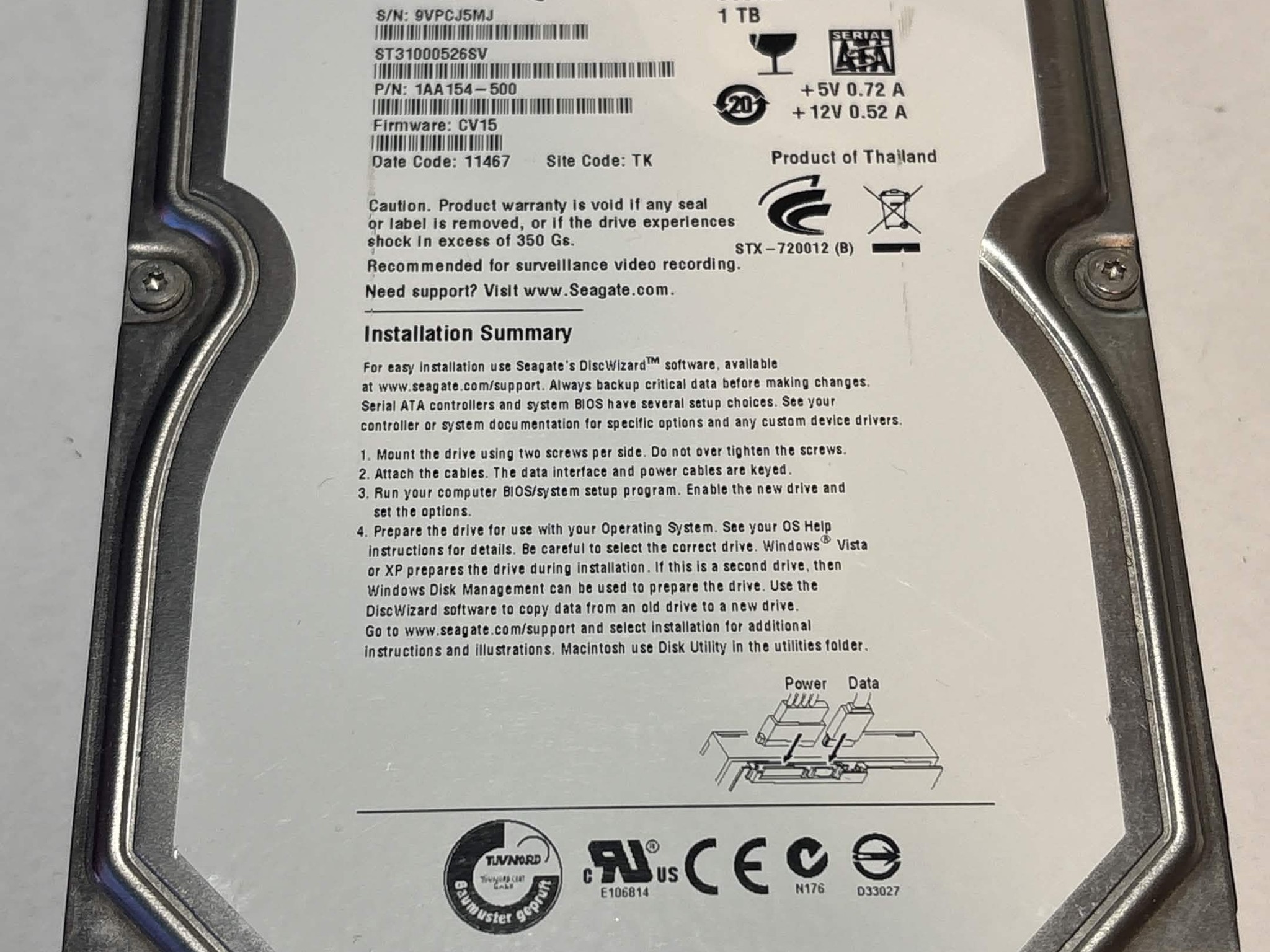 Seagate SV35 1TB 7200RPM SATA Surveillance Hard Drive | Tested & Healthy