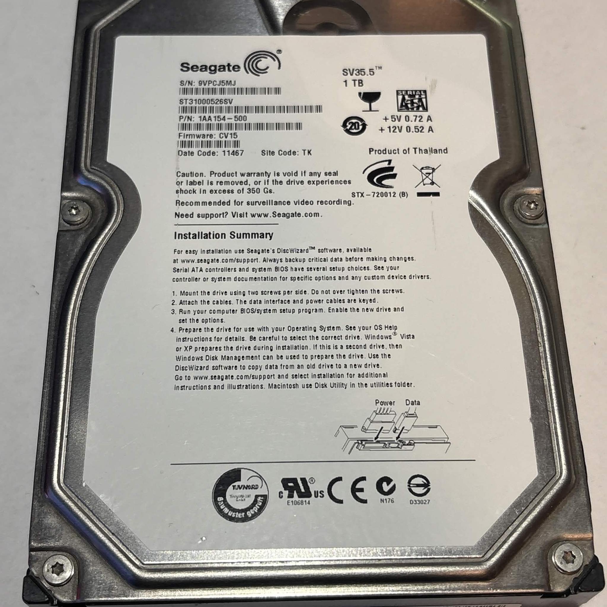 Seagate SV35 1TB 7200RPM SATA Surveillance Hard Drive | Tested & Healthy