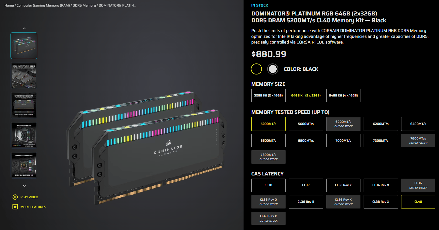Corsair Dominator Platinum RGB 64GB 5200mhz
