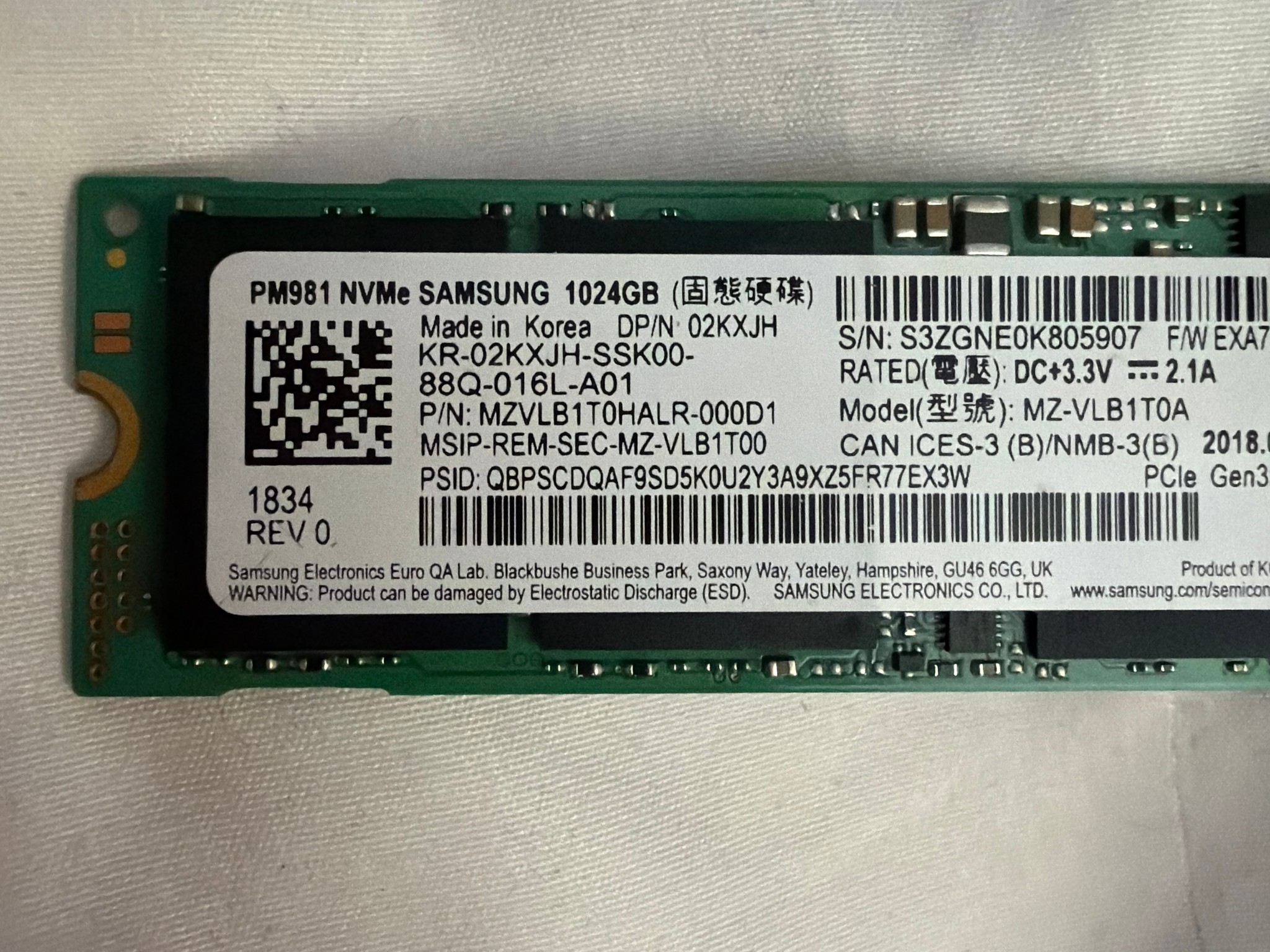 Samsung 1TB NVMe M.2 2280 SSD PM981