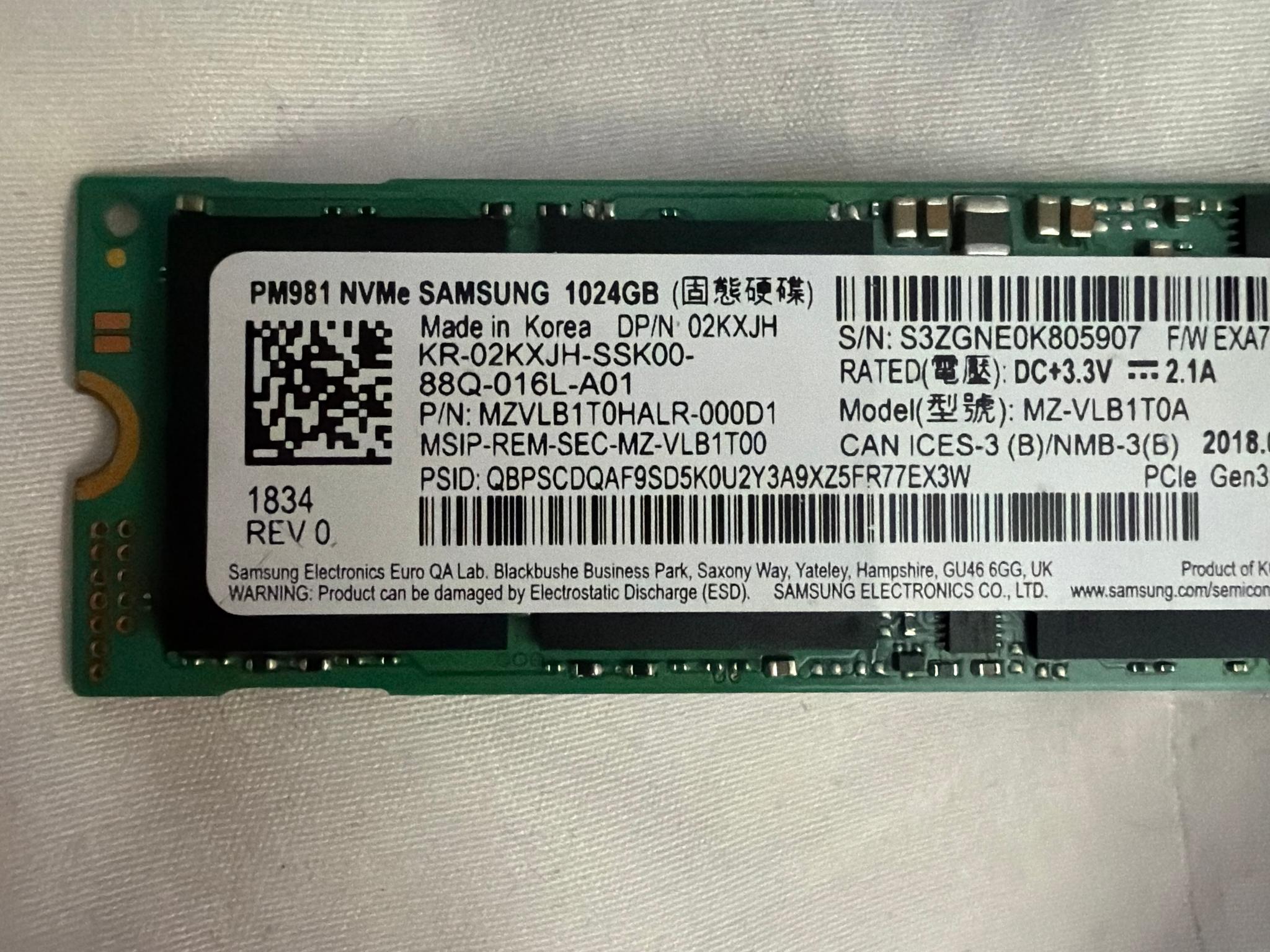 Samsung 1TB NVMe M.2 2280 SSD PM981