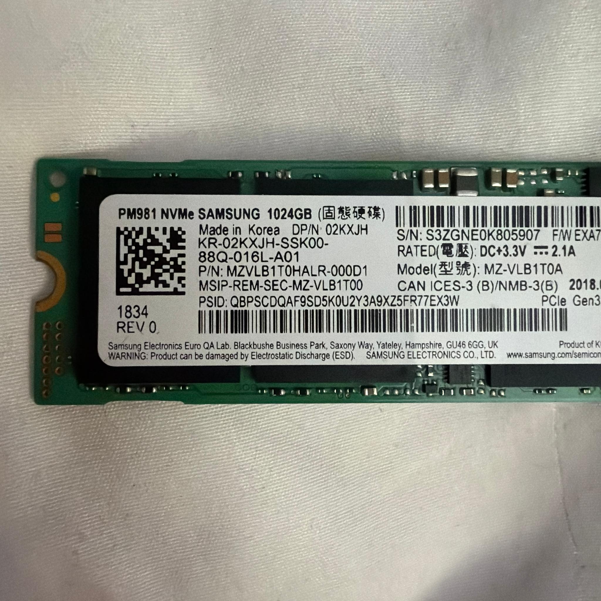 Samsung 1TB NVMe M.2 2280 SSD PM981