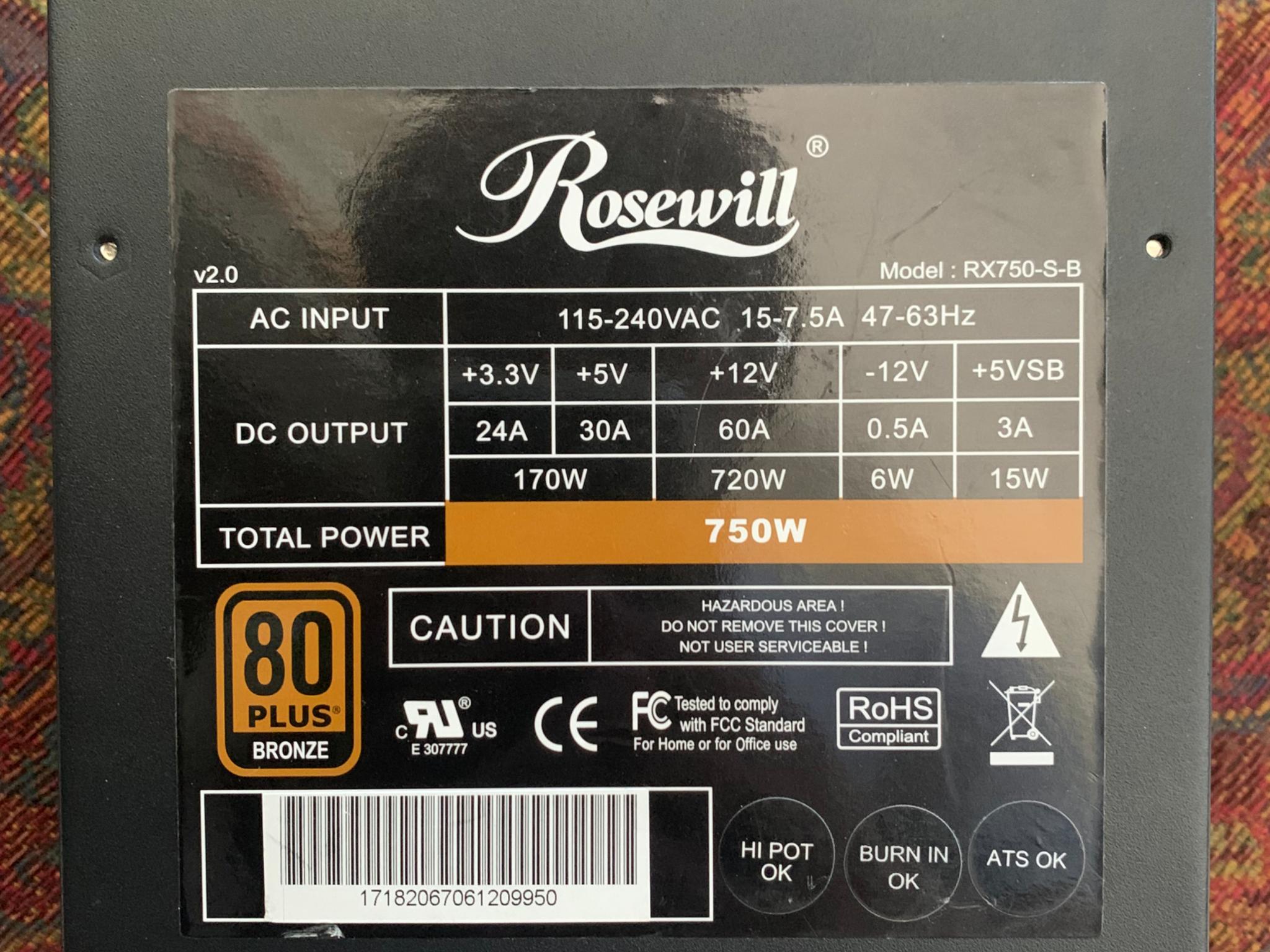 Lightly Used Rosewill 750w 80+ Bronze Efficiency Power Supply