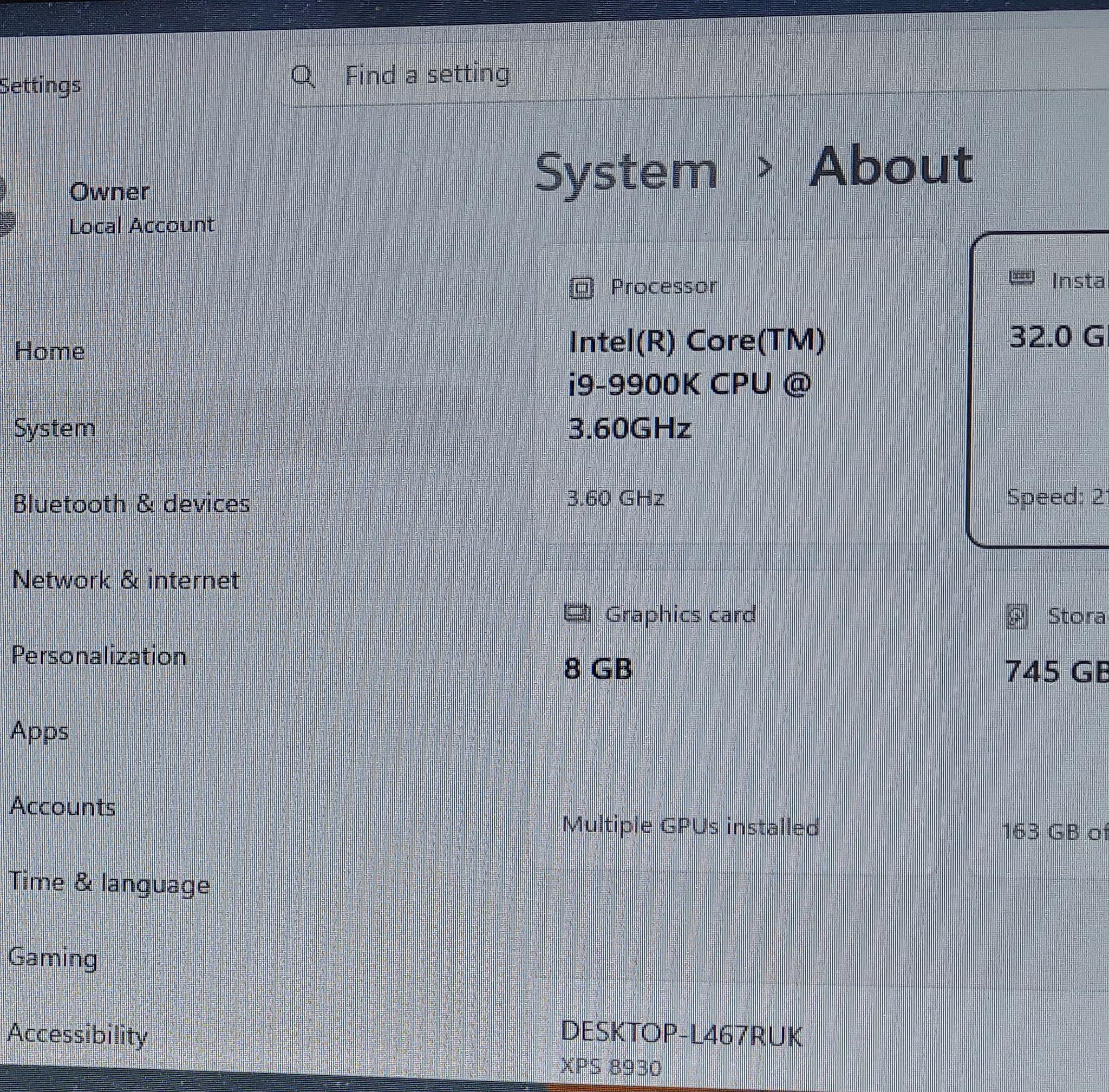 Dell XPS 8930 Gaming PC, i9-9900K, RTX 2070 8GB, 32Gb DDR4, 800GB