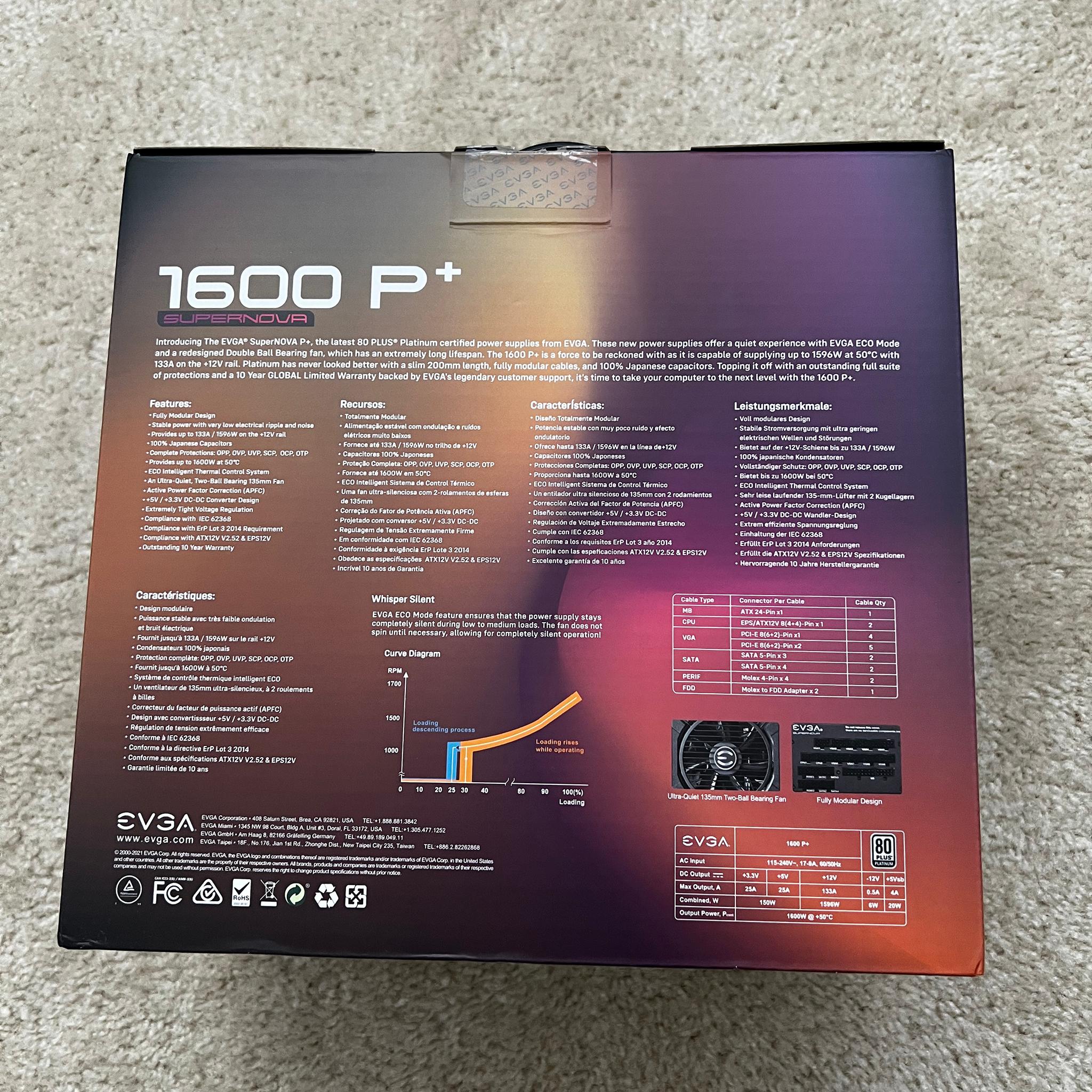 EVGA SuperNOVA 1600 P+, 80+ PLATINUM 1600W 220-PP-1600-X1 + CableMod 12VHPWR