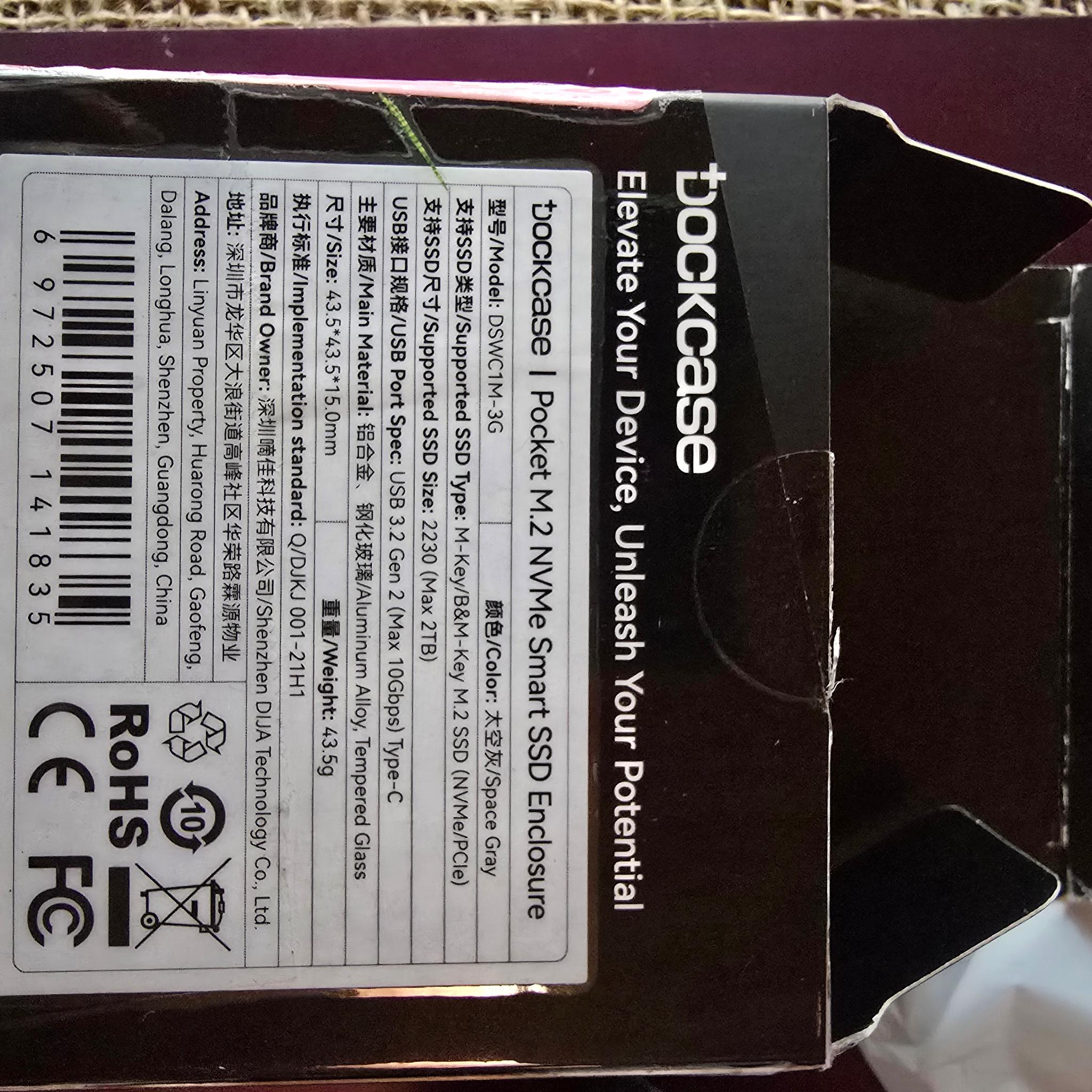 DockCase Pocket M.2 2230 NVMe Enclosure 3s PLP USB 3.2 Gen 2 Type-C (10 Gbps) W/ KIOXIA 256GB SSD