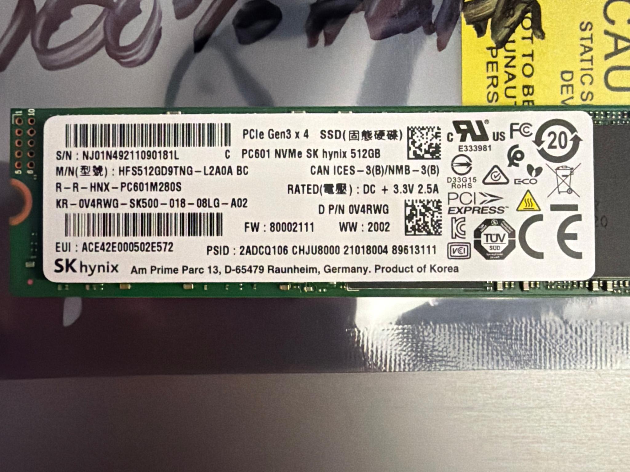 SK Hynix 512GB NVMe M.2 2280 SSD Like New